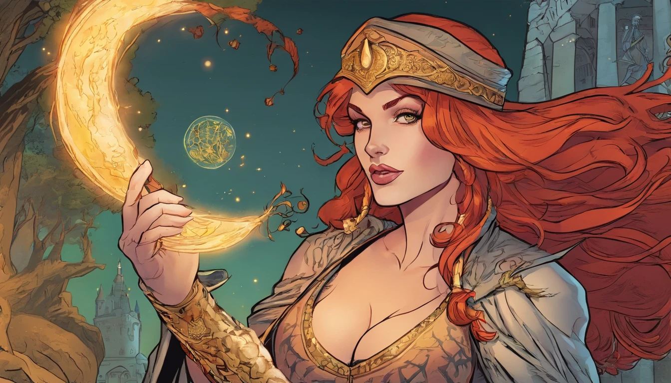 breathtaking graphic novel illustration of A woman, draped in colorful silks, reading tarot cards in a candle-lit tent. <lora:Graphic_Novel_Illustration-000007:1>