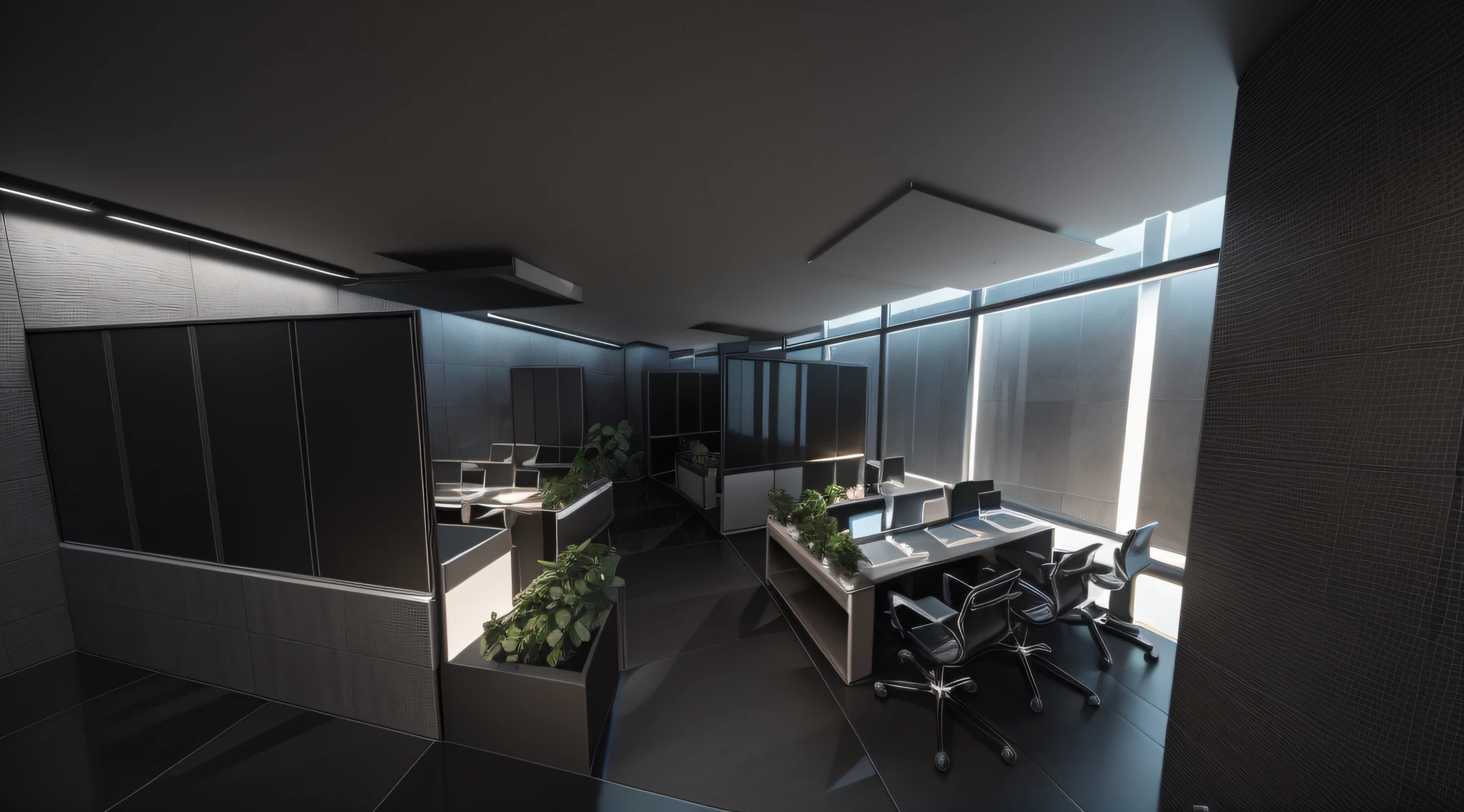 photo realistic, hd high res ultra high quality view ,white wall, white ceiling, high quality dark grey tiles, Clear glass, metal black frame around glass, metal black frame ,planter, office chair, laptop with mouse, wooden rack, white column,wooden partitions, green plants, Glass top for the table, perfect composition, beautiful detailed intricate insanely detailed octane render trending on attestation, 8 k artistic photography, photo realistic concept art, soft natural volumetric cinematic perfect light, chiaroscuro, award - winning photograph, masterpiece, 3d rendering, front view plan, realistic,hyper realistic, intricate detals,hd details,128k,(sharp lines)(use vivid multi dark colors)(3d rendering)((dark grey tiles floor))