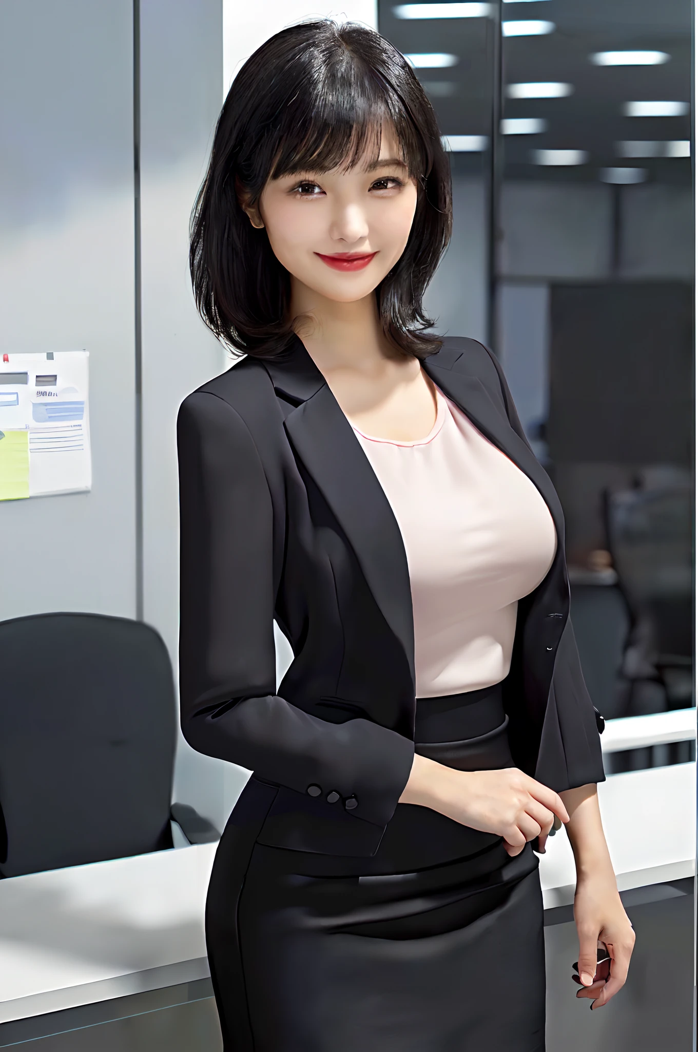 /(Modern office indoors/), 1 Lady Solo, /(Black medium hair/) Bangs, /(Suit jacket pencil skirt/) /(ID Card/), blush gentle smile, (masterpiece best quality:1.2) Delicate illustrations High resolution super detail, Large breasts