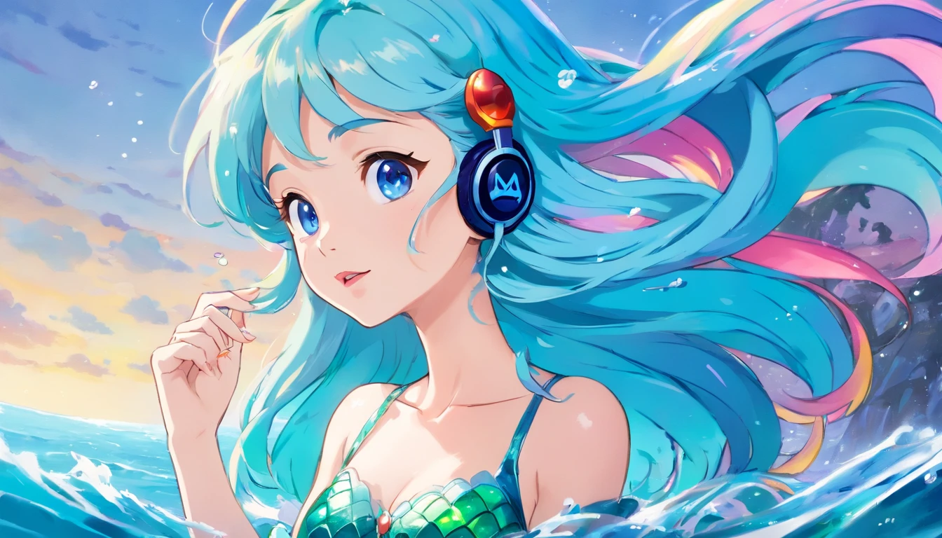 blue hairs Beautiful blue eyes Little Mermaid headphones Mare masterpiece、top-quality、hight resolution)、white backgrounid、((paint splashes、color splashes、Ink splash、color splashes))、Sweet Chinese Girl、rainbow-colored hair、Pink lips、frontage、The upper part of the body