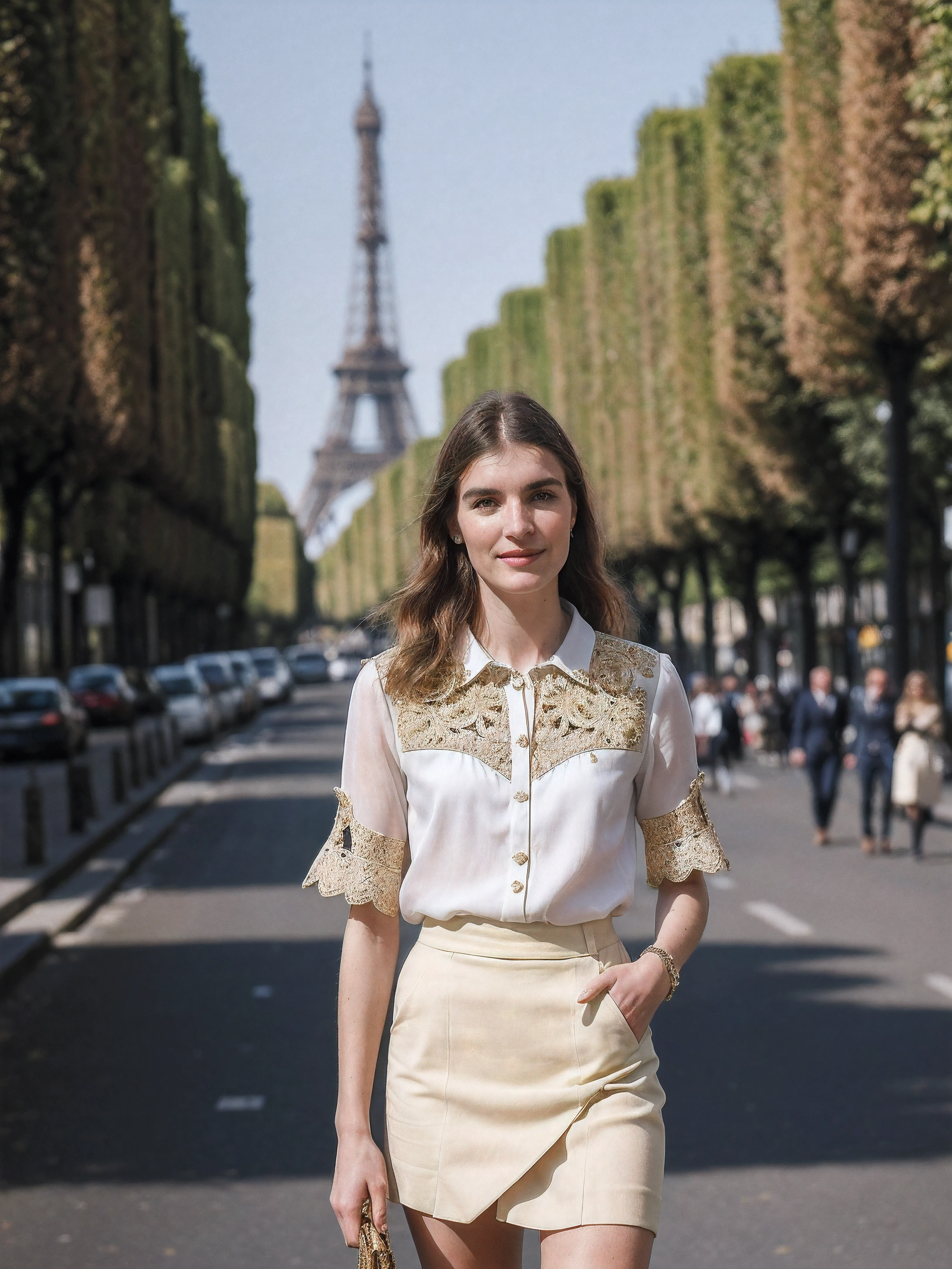 photo of S172_NolwennDelmas,a stylish woman,on a (boulevard) in (Paris:1.1),city,wearing a (blouse:1.1),(skirt:1.1),(sunny),(8k, RAW photo, best quality, depth of field, ultra high res:1.2),(absurdres, intricate, photorealistic, masterpiece, ultra-detailed:1.3),