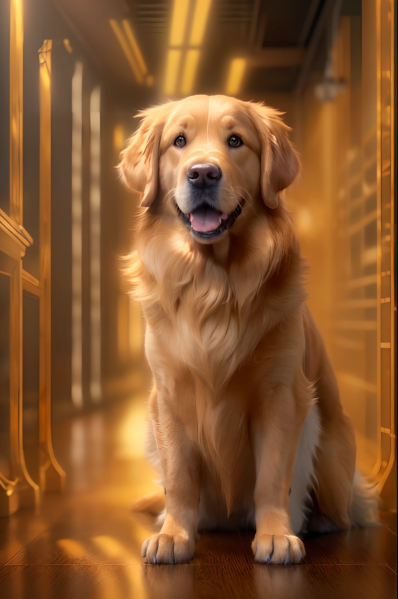 Golden Retriever Caramel, (Highly detailed ultra-realistic images:1.2), (Photorealista:1.2), With intricate details. (Background with lighting effects with light rays and light color power:1.2). ((cinematic photography, nffsw, 8K)), ((full bodyesbian)), ((foco nítido:1.2))