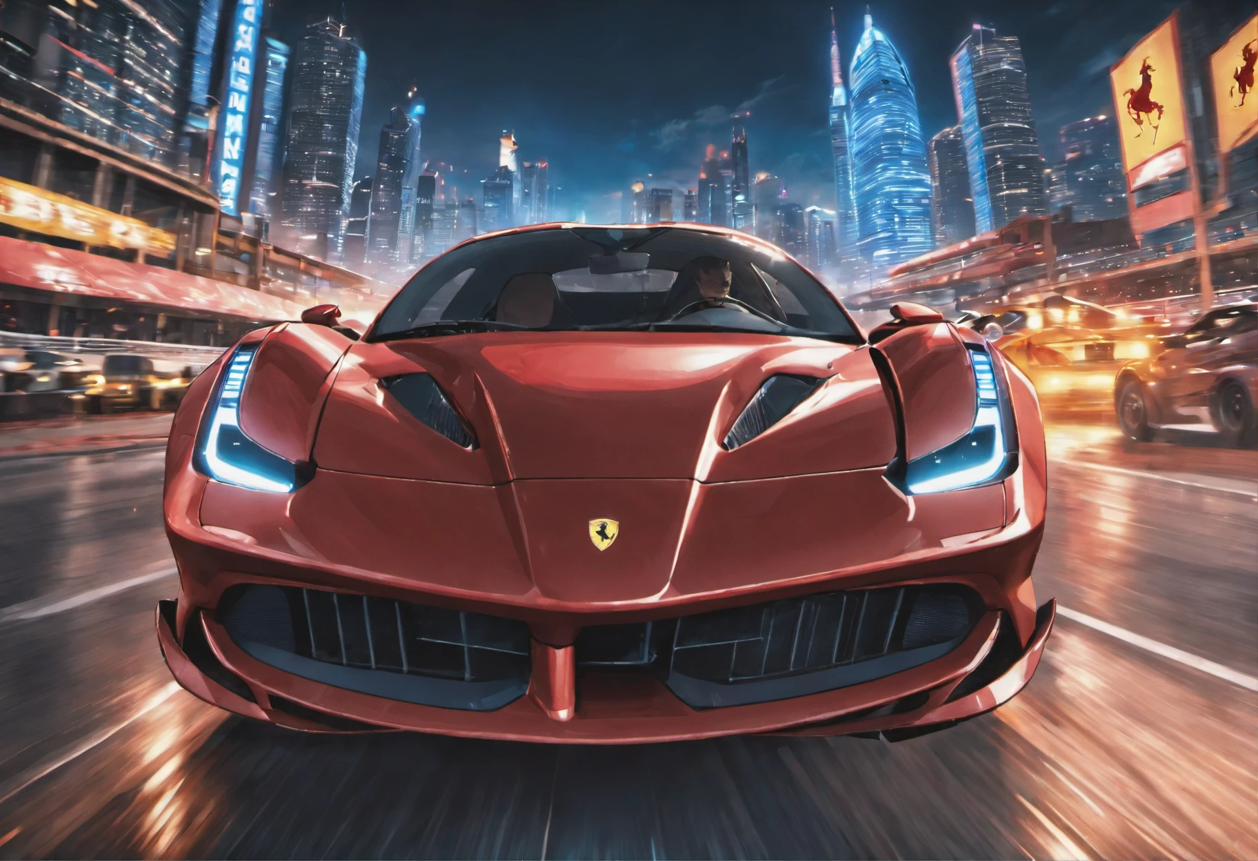 (Best quality, 8k, Masterpiece :1.2), hyper realistic, at a mountain, an detailed red Ferrari 488, Speeding on the highway, (Facing the audience), The blue skyscraper in the background, at night,