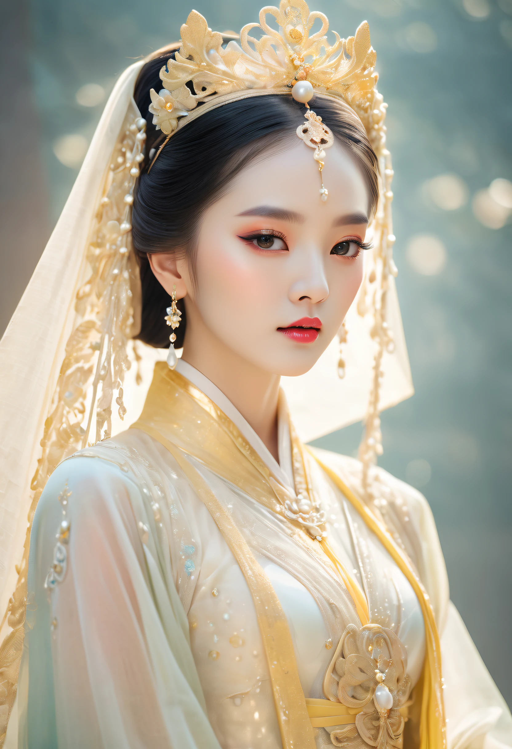 Ethereal woman wearing a veil, wearing a pearl tiara on her head, Beautiful Fantasy Queen, Ethereal Beauty, (Beautiful Fantasy Queen), palace, a girl wearing Hanfu, Hanfu, inspired by Huang Ji, inspired by Jinnong, exotic wind, exotic princess, Xianxia Fantasy, inspired by LAN Ying, beautiful Tang Dynasty, Shaxi, ethereal golden scarf