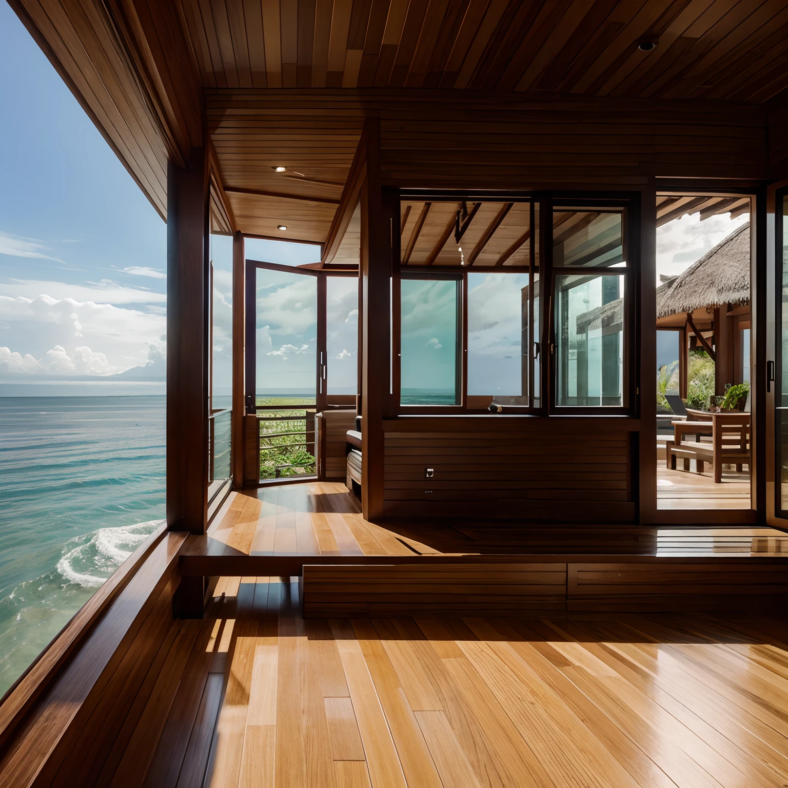 wooden house with lots of windows in nature,mix architecture style north Sulawesi and modern design,beach house