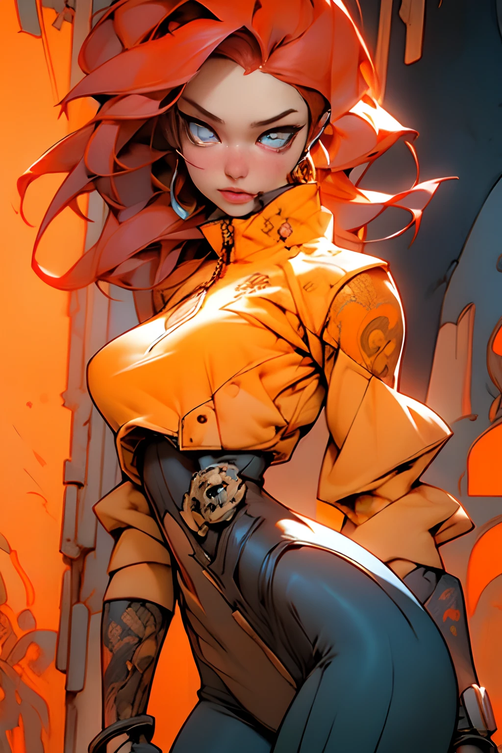 Textures: 1.5, orange: 1.1, white: 1.3, yellow: 1.3, (redhead woman), sexy, tattoos, (power puffer clothes: 1.2), 3d graffitti, abstract, lines, background circles, by Adam Hughes, art by Jay Anacleto, very thin waist, huge hips, sexy pose, prefect face, detailed face, detailed eyes, perfect eyes, symetric eyes, looking at the viewer, (extremely detailed:1.3),highestres,sharp_eyes,1girl,portrait,from above