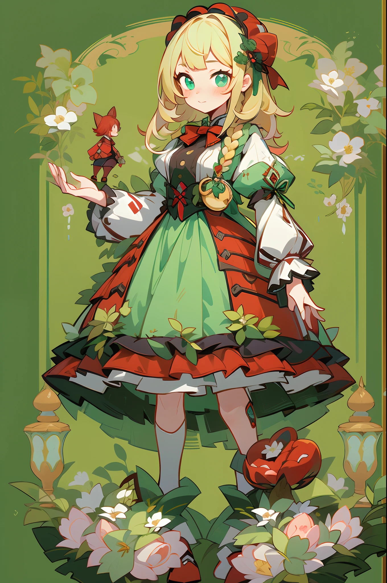 (1 Gothic Lolita), (standing full-body), (Full body standing painting), 1 Princess，(standing full-body)，独奏, BJD dolls, Blush, long  skirt，character  design, fanciful, alice in the wonderland, Gothic Lolita red dress, Green high socks, White flowers, ((red colour)), Blonde hair, Short hair, Double up braid, tmasterpiece, top Quority，best qualtiy，超高分辨率，Exquisite facial features,