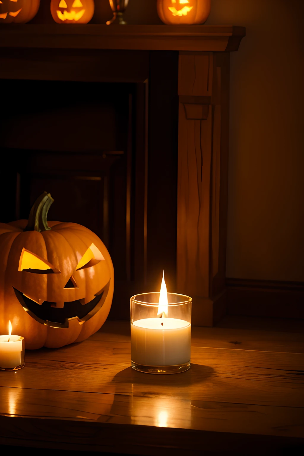 In a misty background, a metallic candle lit up in the Halloween night, surrounded by numerous pumpkin lanterns. The scene is of the highest quality, with a 4k resolution, ultra-detailed and realistic. The candle emits a warm and flickering light, casting a subtle and mysterious glow around it. The metallic texture of the candle is meticulously crafted, with shining reflections and fine details. The pumpkin lanterns, with their carved faces, add a playful and spooky touch to the scene. The colors are vivid and vibrant, with a dominant palette of orange, yellow, and black, enhancing the Halloween ambiance. The lighting is carefully designed, with a combination of soft ambient light and dramatic shadows, creating a captivating atmosphere. The overall composition is artistically styled, blending elements of horror and fantasy.