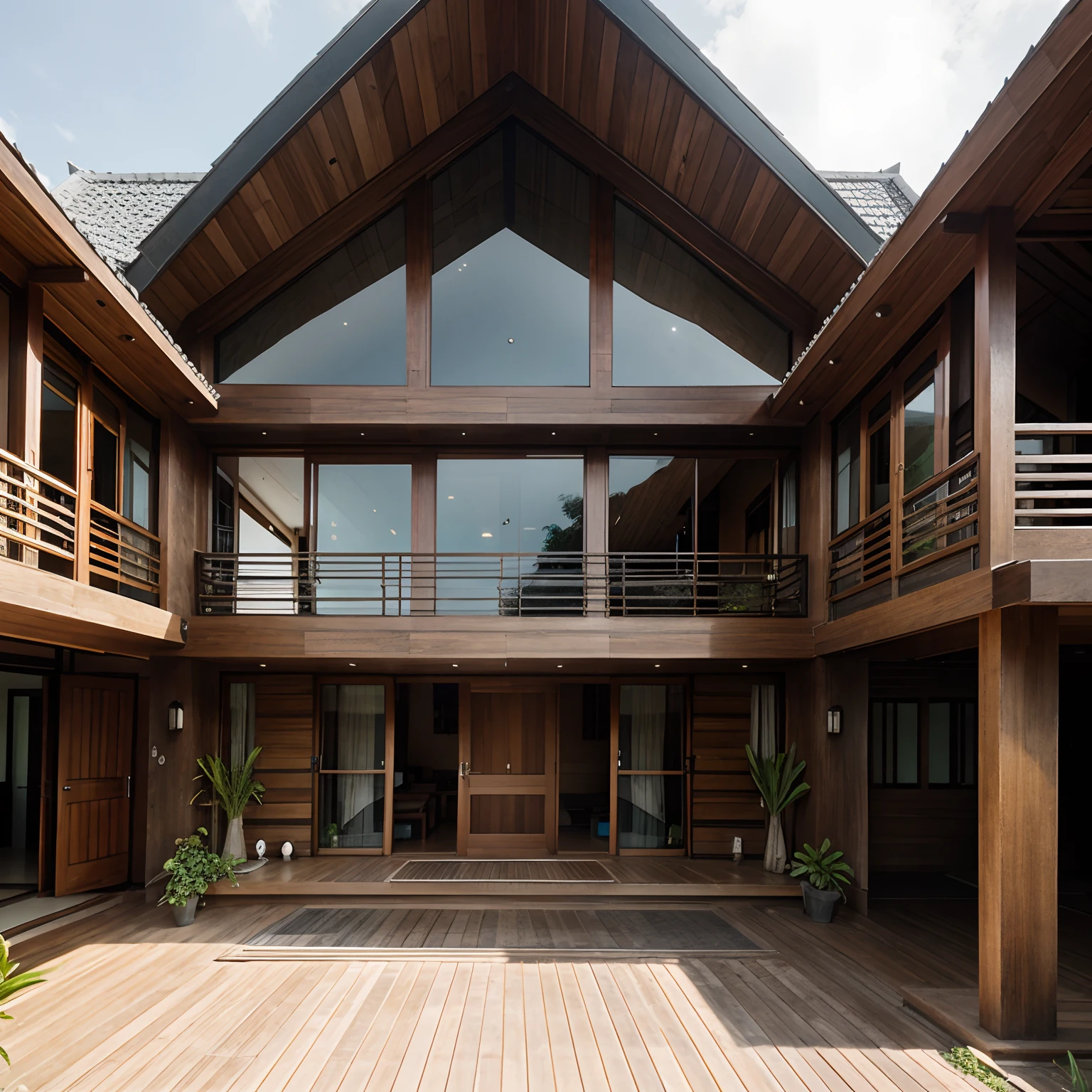 wooden house with lots of windows in nature,mix architecture style north Sulawesi and modern design,beach house