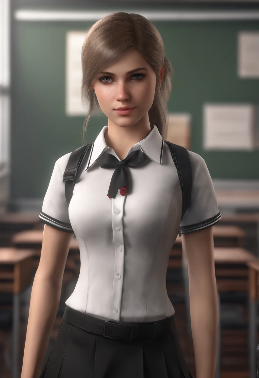 1girl, portrait of shot of re4ashley, athletic, black school uniform, white shirt, classroom, volumetric lighting, best quality, masterpiece, intricate details, tonemapping, sharp focus, hyper detailed, trending on Artstation, realistic,