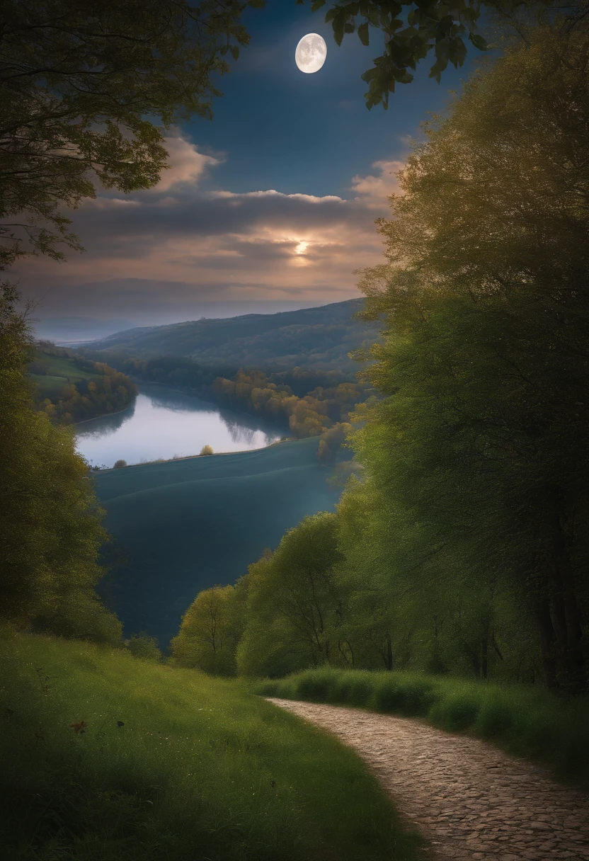 EbonyGoldAI Masterpiece, Best quality, High quality, High resolution, (((beautiful detailed sky))), grandeur, cottage, grand(magnifique, splendide), vue(Vue), Grand spectacle, high-definition, ((Meilleure ombre)), Realstic, nature, paysage, nuage, montagne, herbe, rocher, colline, falaise, arbre, trottoir, Uniquement Contexte, Le ciel nocturne, Clair de lune, ((Ultra-detailed)), (Meilleure illustration), ((an extremely delicate and beautiful)), Angle dynamique, river, sentier, banc, Highest quality image quality, tranquille, loin_loin