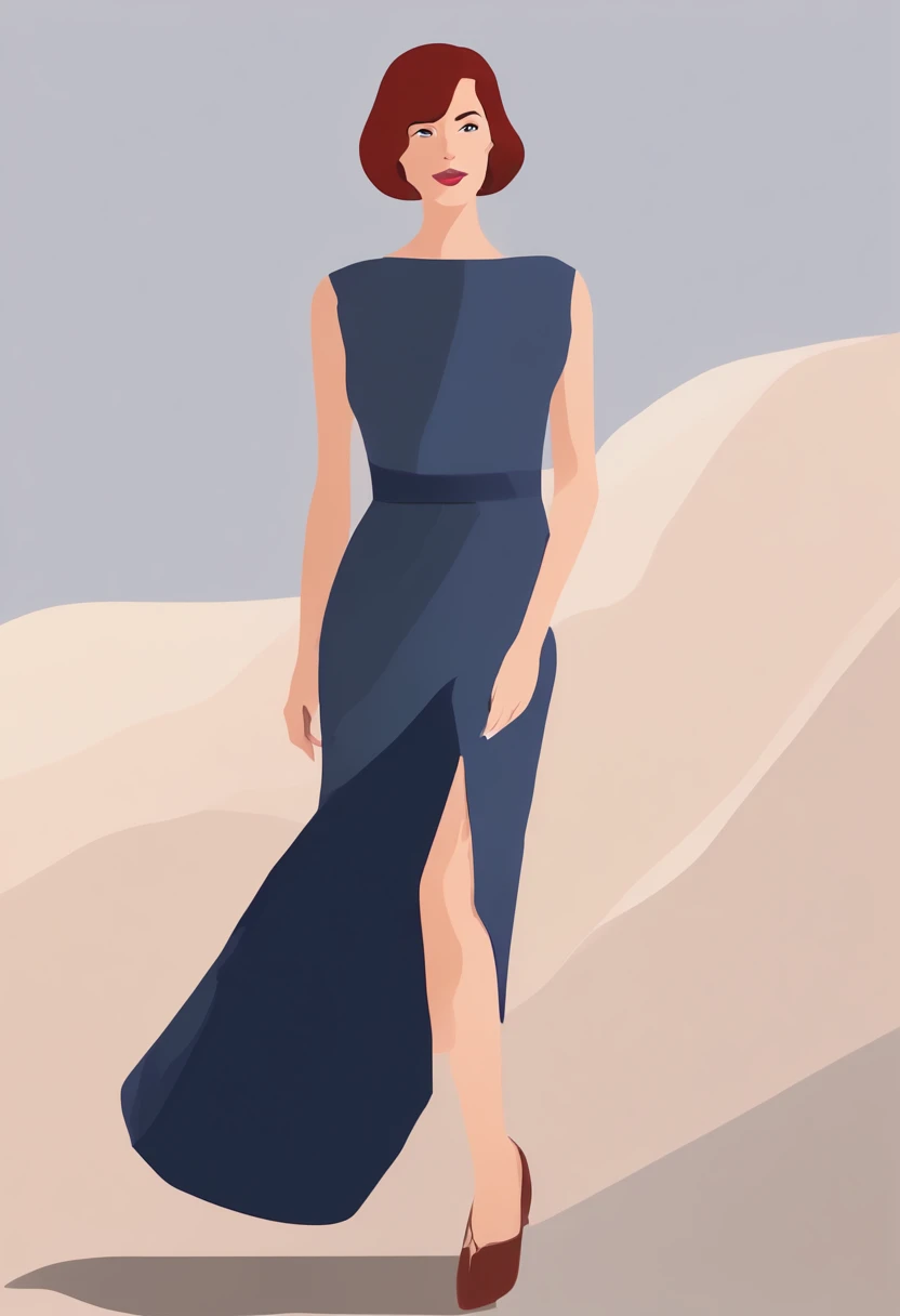 Woman with dark red hair and light brown eyes in sodalite dress、Simple illustration、Illustration style。Flat illustration、simple background、Editorial Illustration