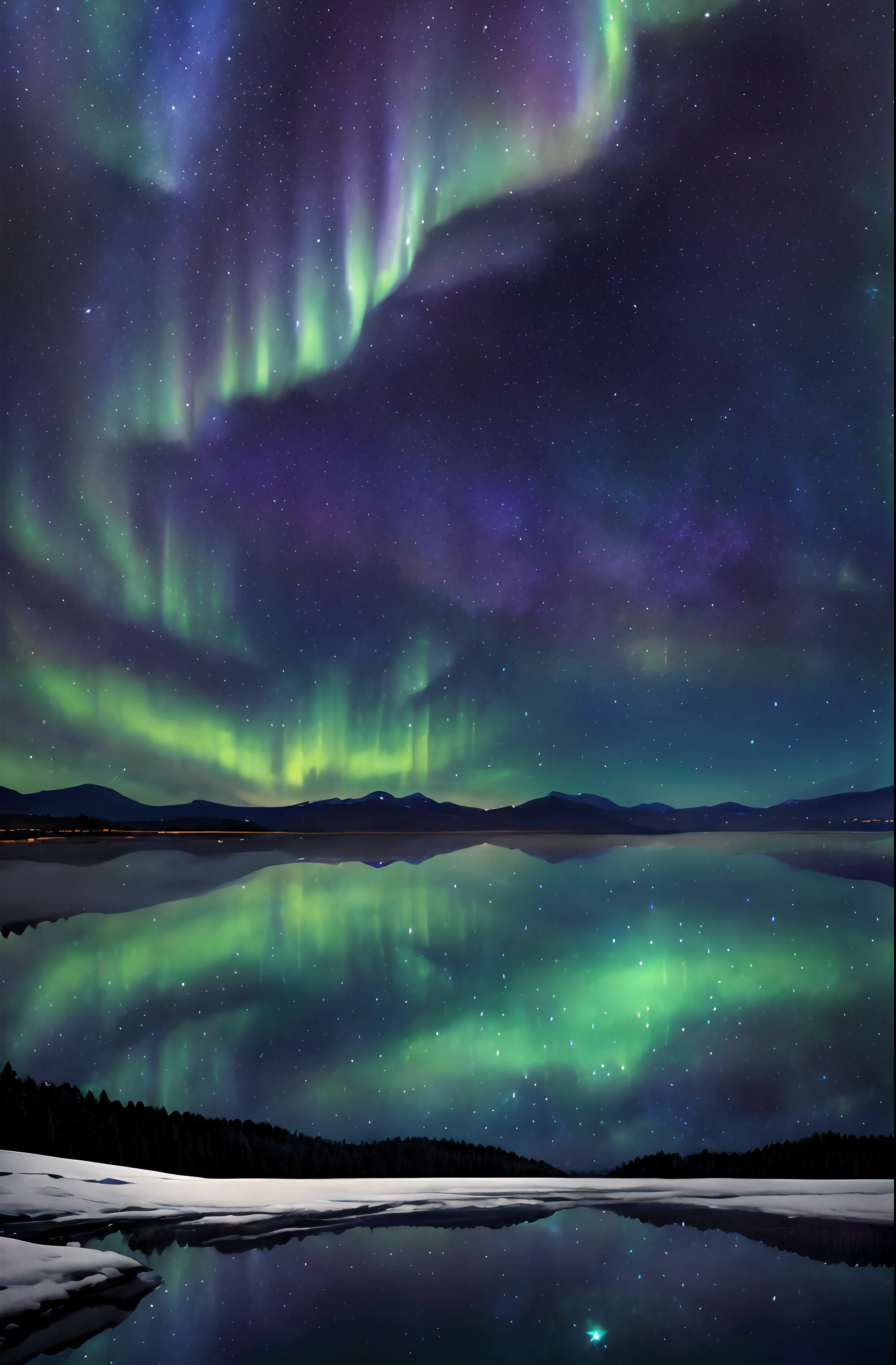 (best quality,4k,8k,highres,masterpiece:1.2),ultra-detailed,(realistic,photorealistic,photo-realistic:1.37),star-filled night sky, breathtaking display of vibrant aurora borealis, shimmering iridescent colors dancing across the horizon, mesmerizing northern lights illuminating the darkness, tranquil winter lake reflecting the celestial spectacle, gentle rolling hills in the distance adding depth to the scene, meticulously rendered with Octane Render, hyper realistic depiction capturing every minute detail, ray tracing reflections enhancing the visual fidelity, vivid colors amplifying the ethereal atmosphere, 16:9 aspect ratio framing the composition perfectly, the enchanting beauty of nature's light show manifested in this artwork, capturing the awe-inspiring majesty of the starry night intertwined with the mystical allure of the aurora borealis, an immersive visual experience that transports viewers to a serene winter landscape bathed in the enchanting glow of the northern lights.