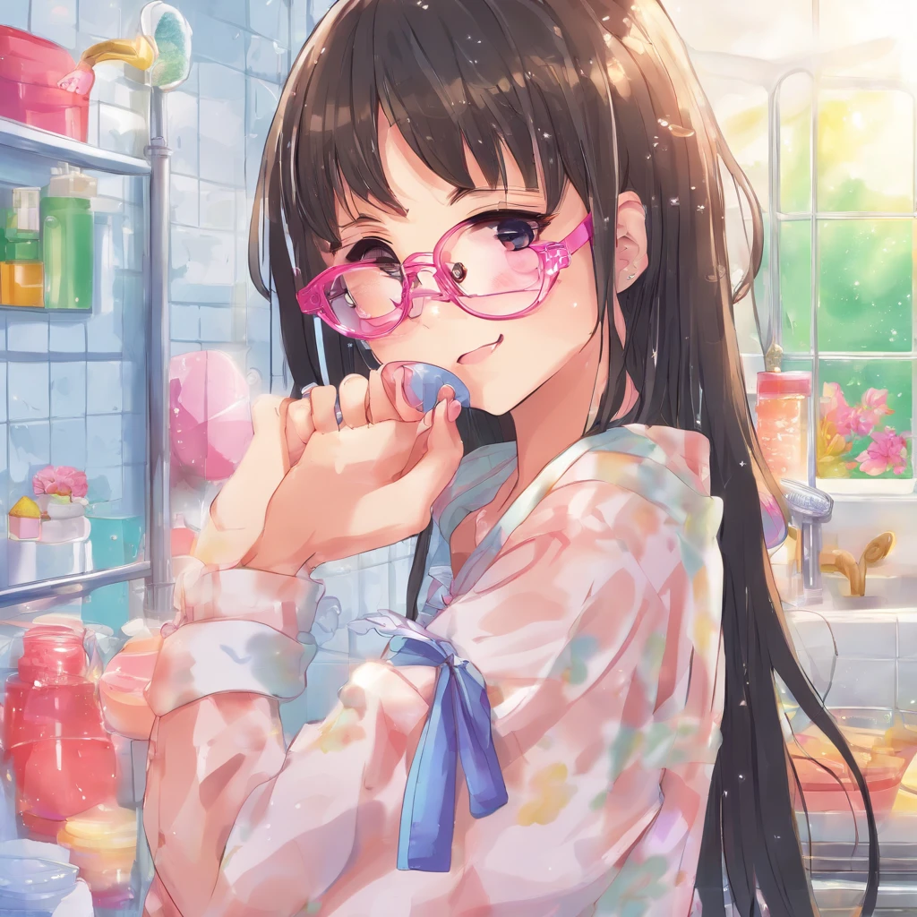 Sexy naked petite teen biting lip with long black hair and glasses wearing a wet see through shirt breast and cute panties in the shower at night time