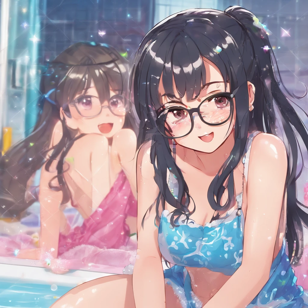 Sexy naked petite biting lip with long black hair and glasses wearing a wet see through shirt breast and cute panties in the shower at night time