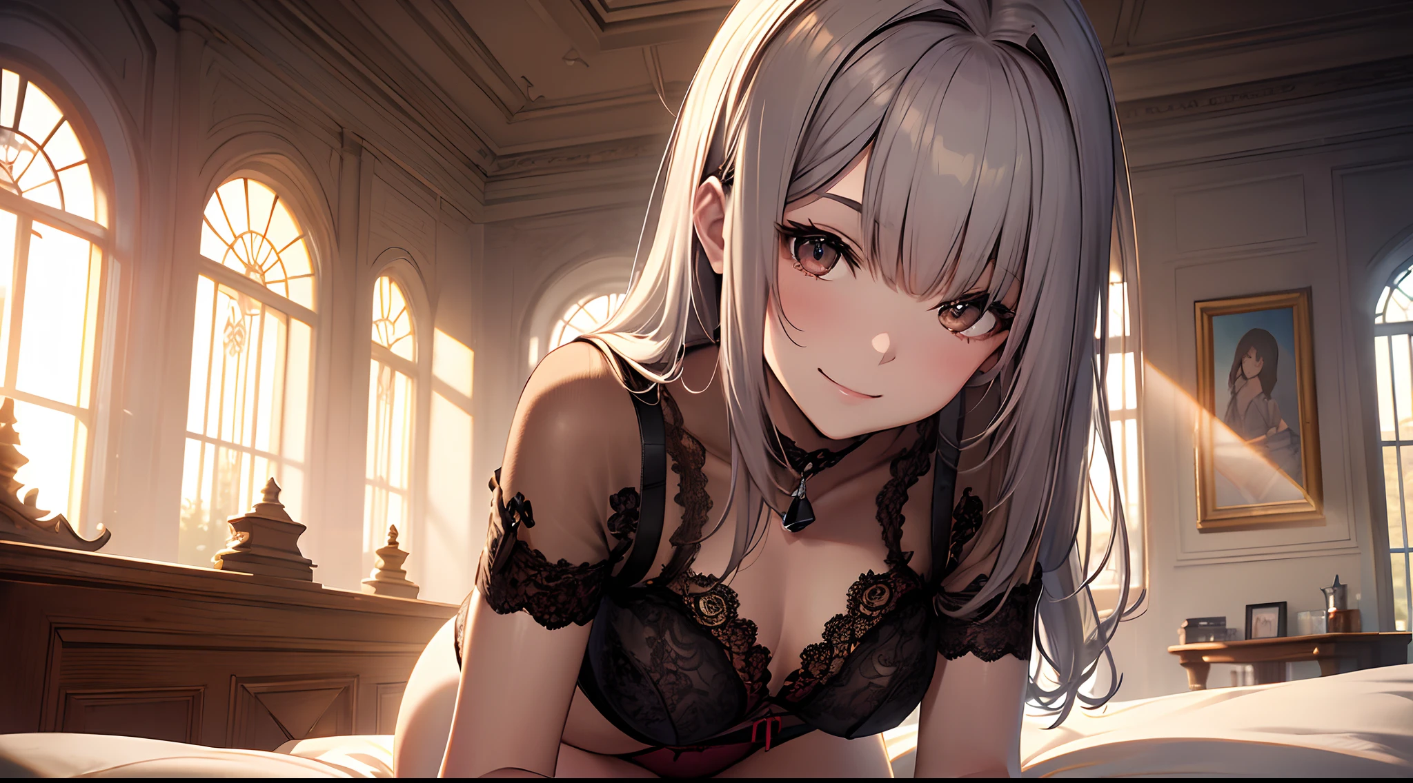 top-quality、１a person、in 8K、lineup,ultra-definition,Very dense, ((masuter piece:1.5)), ((High resolution)), ((Best Quality)), detail、Slender beautiful girl、 (A smile), (Red lace underwear:1.3)、 girl with,(silber hair, a short bob)、all-fours:1.4、fair white skin、((small tits、small tits))cinmatic lighting, perfectly shaded,(((a bed))), Realistic lighting with shades,