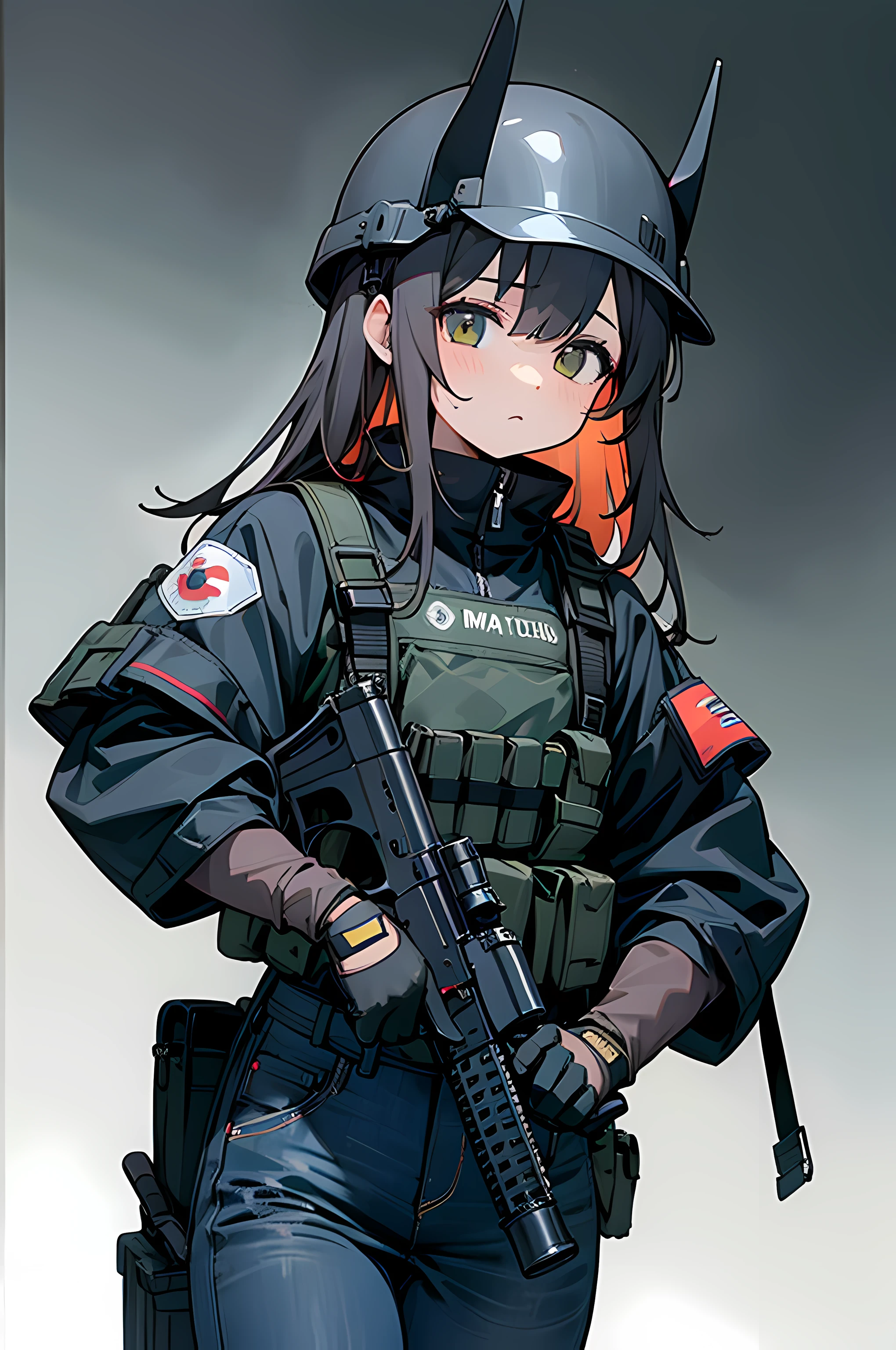 (8K Ultra High-Quality) (Masterpieces) (人物: Mahiro) 1 Girl, Solo, long hair, wearing black tactical Jacket, wearing blue Jean with gun Holster, wearing British armband, wearing tactical US Navy Seal helmet, carrying army bag, carrying M4 Assault rifle firearm, left hand grab the pistol on Holster, wearing armor vest with pouches, curious expression, looking at viewer.