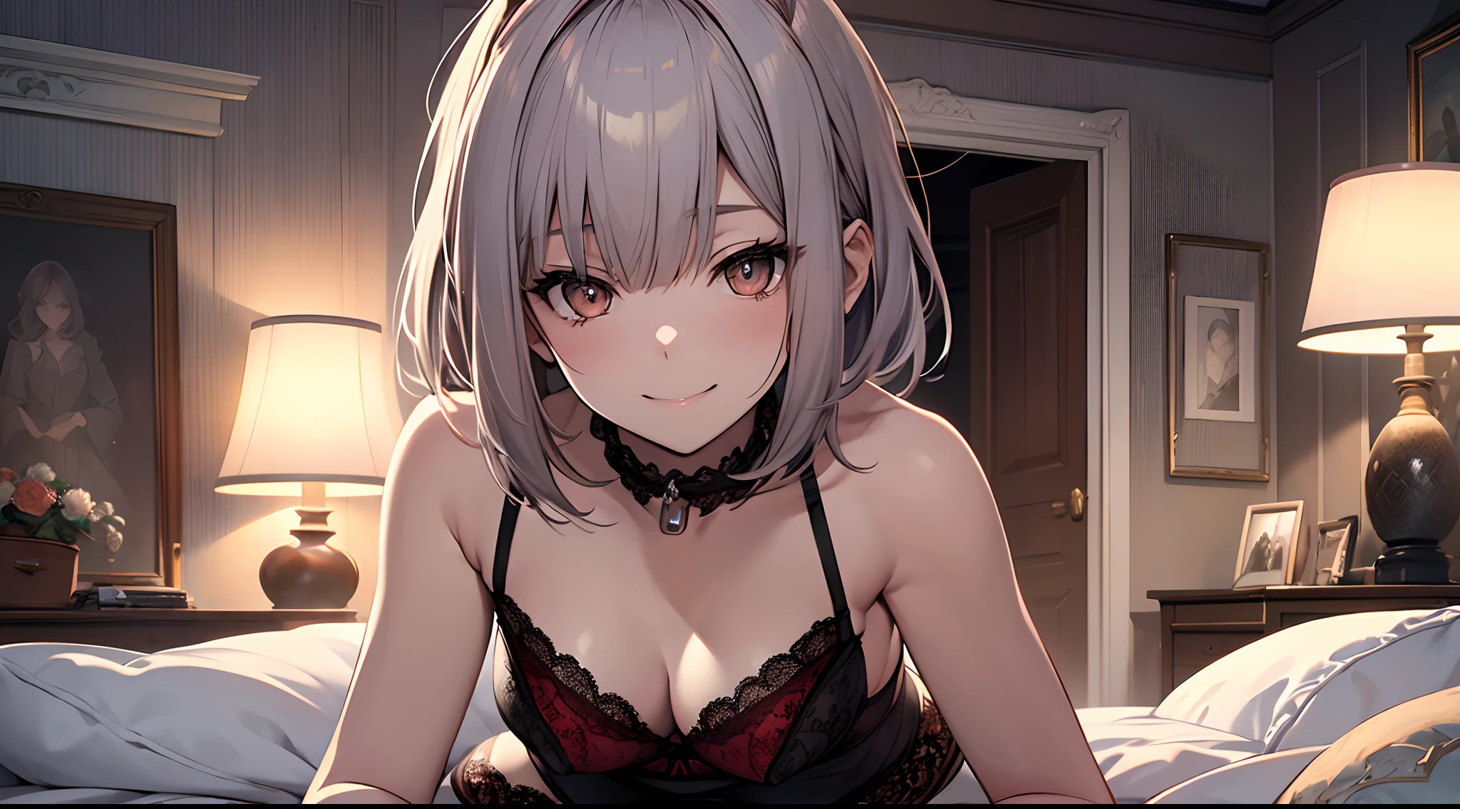 top-quality、1a person、in 8K、lineup,ultra-definition,Very dense, ((masuter piece:1.5)), ((High resolution)), ((Best Quality)), detail、Slender beautiful girl、 (A smile), (Red lace underwear:1.3)、 girl with,(silber hair, a short bob)、all-fours:1.4、fair white skin、((small tits、small tits))cinmatic lighting, perfectly shaded,(((a bed))), Realistic lighting with shades,