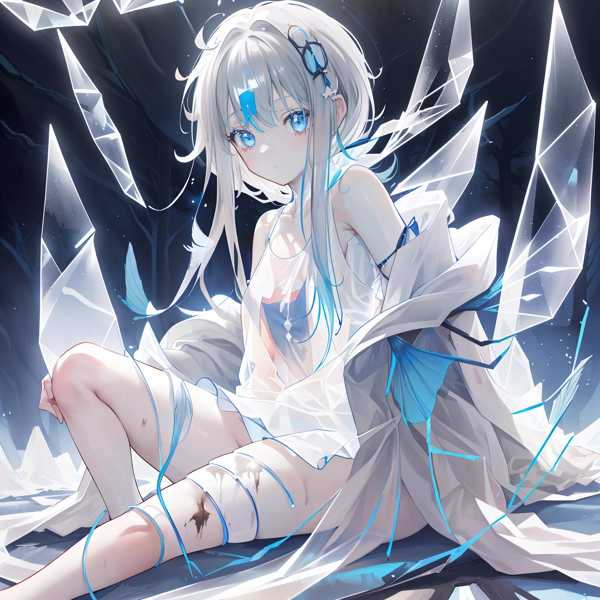 (((A close view: 1.4))) of an anime  girl, (sitting on (((muddy forest: 1.9))) ((entire body: 1.4)) covered in (mud: 1.7)), (((half naked))), (barefoot), cinematic light, slim body with curves, skin is perfectly white, soft, and smooth, ((no nsfw)), Extremely delicate and beautiful CG illustration, best quality, high resolution, dynamic angle, full-length lens, (1 girl), floating, soft light, high-key lighting), glowing light, blue halo, feathers fluttering background, blue crystal, ((((wearing nothing but a white (transparent) tank top: 1.5))))