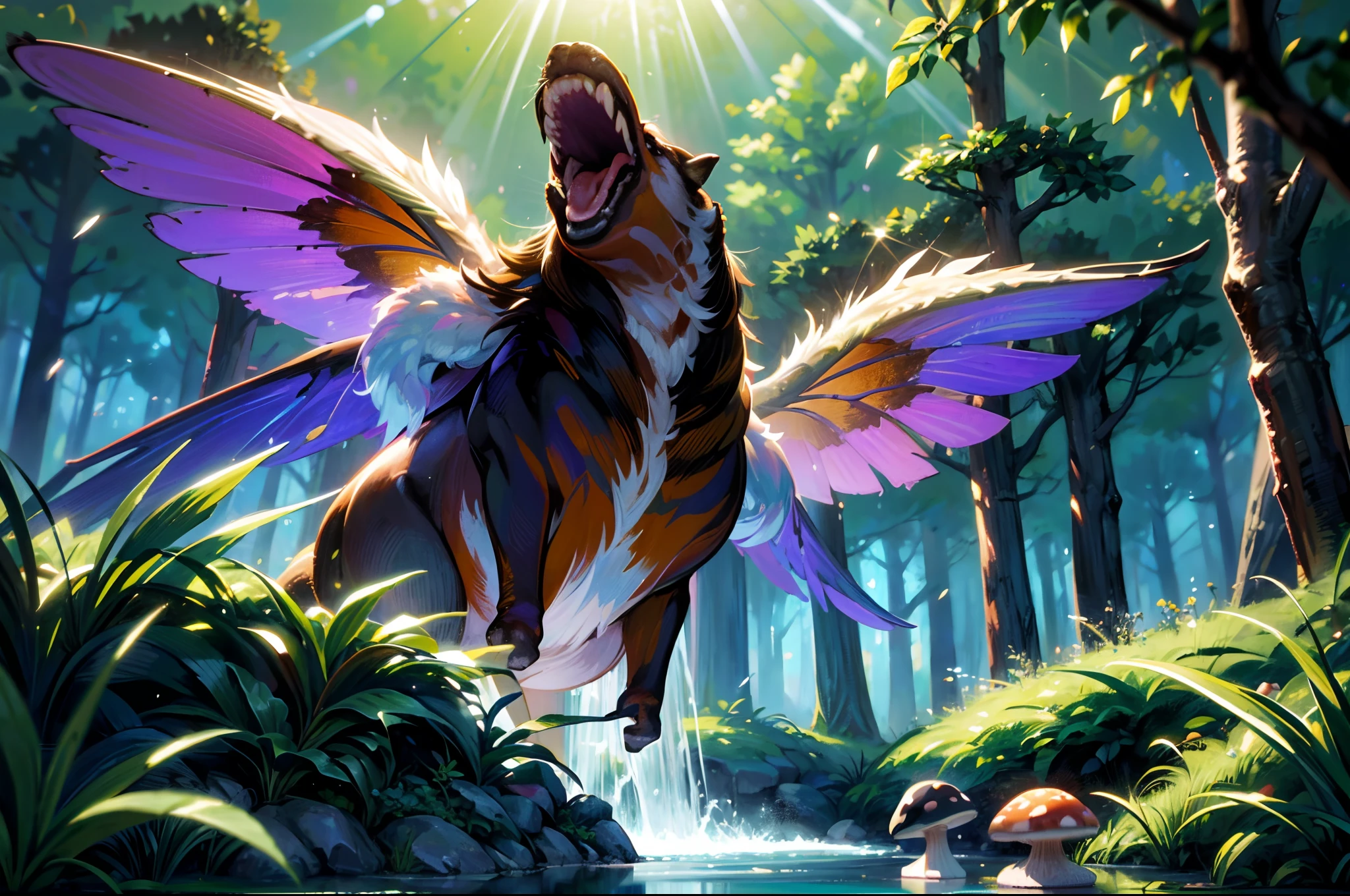 (a small tribe of fairies laughing gleefully around a giant burger in the forest),illustratio,3Drenderingof,(best quality,4k,highres,masterpiece:1.2),ultra-detailed,(realistic:1.37),vibrant colors,warm lighting,delicate wings,sparkling magical dust,mushroom houses,enchanted trees,flowing river,fairy dust trails,sunlight filtering through the leaves,fantasy,charming