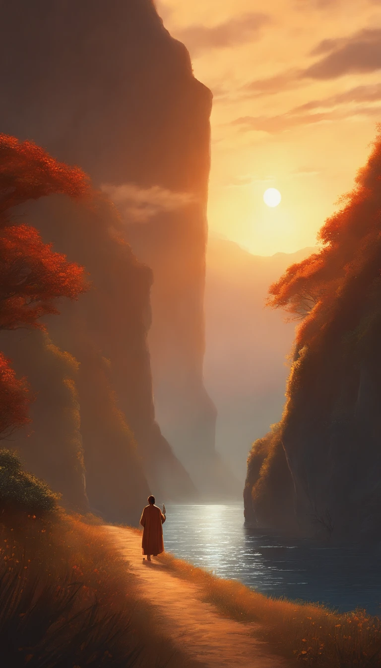 master part, best quality, cinematic Film still from, Grandes nuvens de fogo, Flutue do meio do quadro para os lados, Close-up, brilhante, alegria, warm and gentle lighting, Estilo Ghibli, Anime peito grande, livro ilustrado, Sunset, Don't be human, Tela paisagem