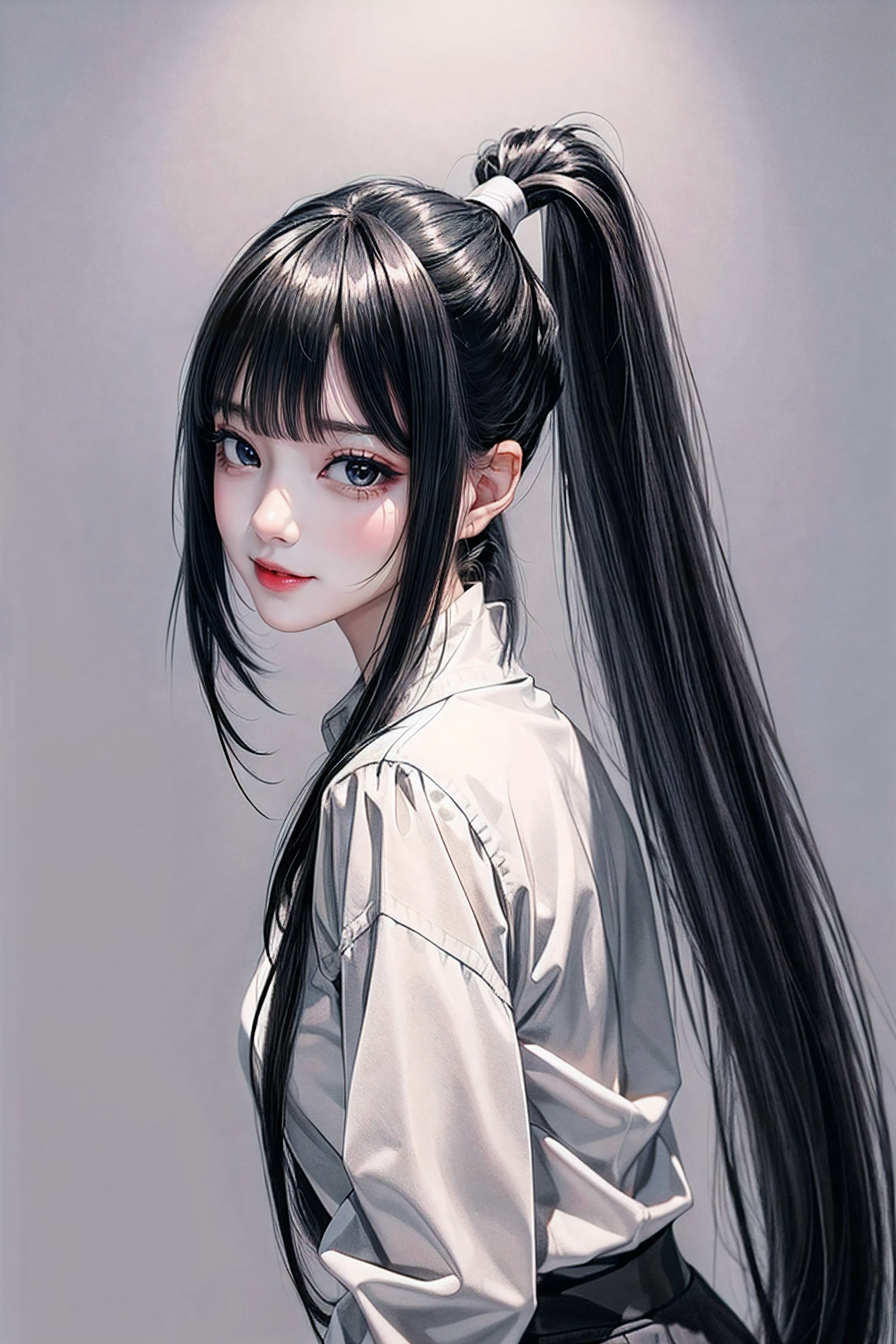 ((Classic blunt bangs:1.1)),Blunt Bangs Hairstyles, blunt bangs round face, Blunt bangs korean, aesthetic korean bangs,  Blunt Cut Bangs Straight Long Hair,((High Ponytail:1.5)),(((Blunt bangs,Straight bangs:1.1))),(((Very long black hair, Ridiculously long black hair:1.1)))