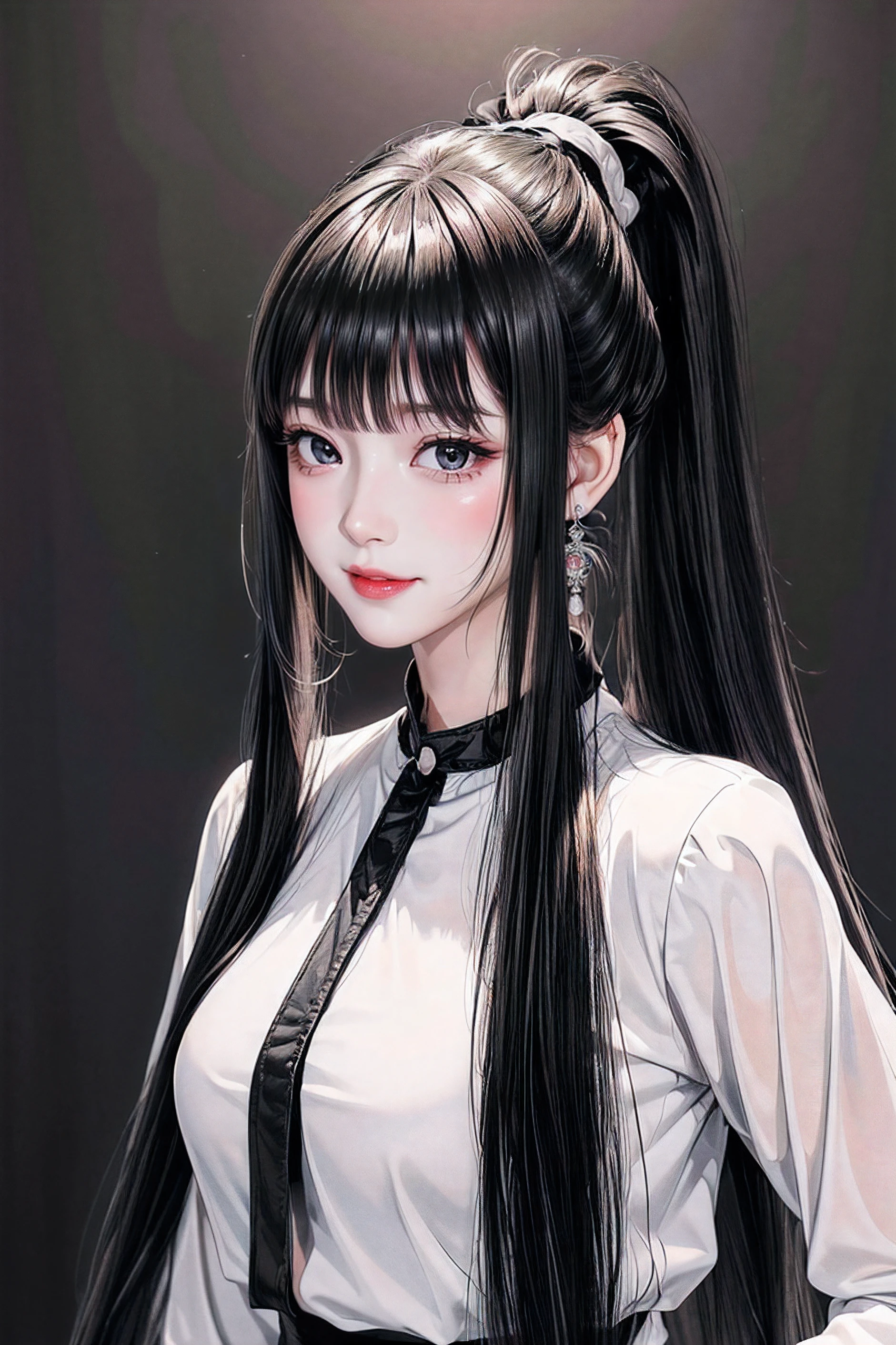 ((Classic blunt bangs:1.1)),Blunt Bangs Hairstyles, blunt bangs round face, Blunt bangs korean, aesthetic korean bangs,  Blunt Cut Bangs Straight Long Hair,((High Ponytail:1.5)),(((Blunt bangs,Straight bangs:1.1))),(((Very long black hair, Ridiculously long black hair:1.1)))