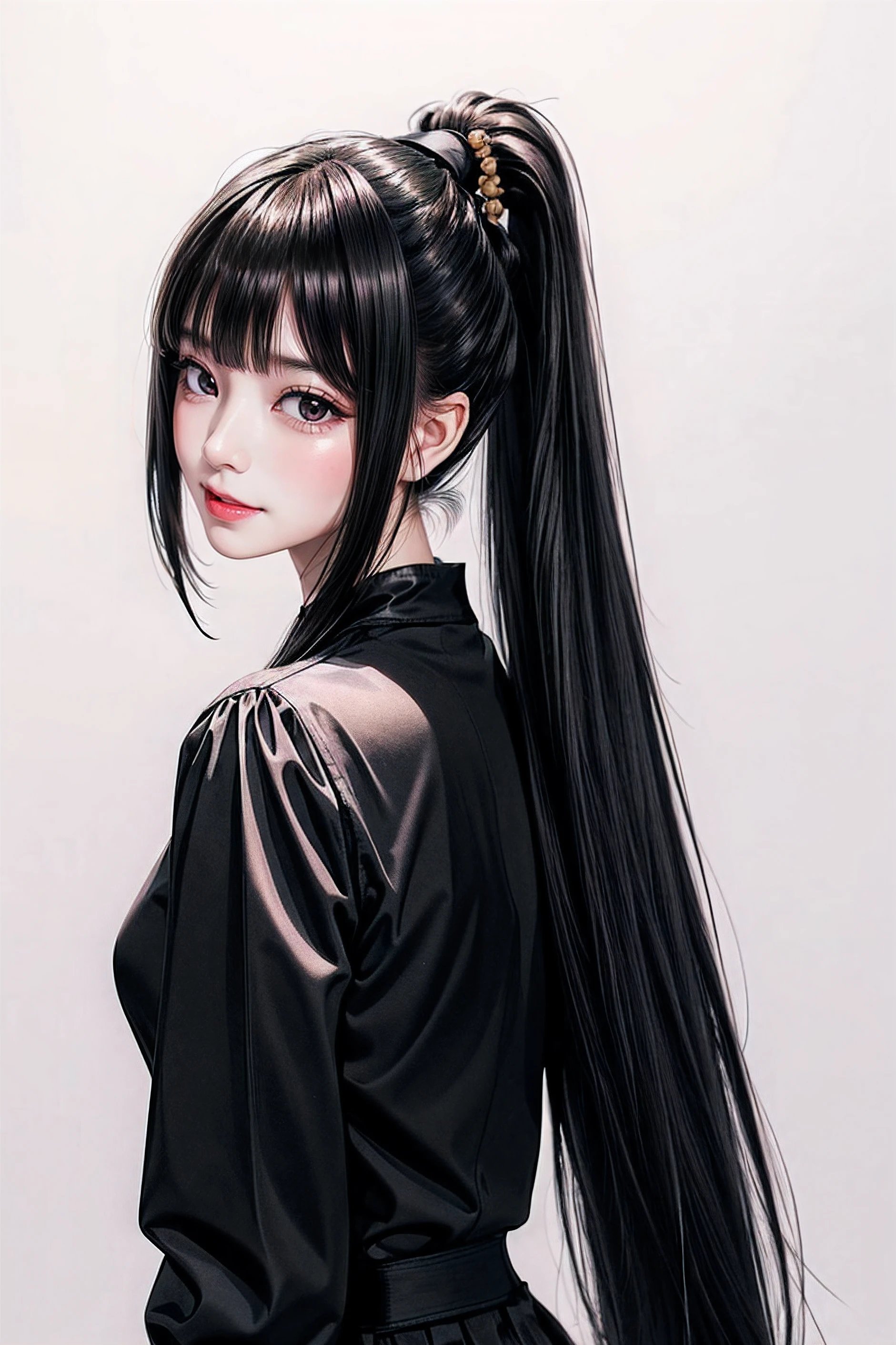 ((Classic blunt bangs:1.1)),Blunt Bangs Hairstyles, blunt bangs round face, Blunt bangs korean, aesthetic korean bangs,  Blunt Cut Bangs Straight Long Hair,((High Ponytail:1.5)),(((Blunt bangs,Straight bangs:1.1))),(((Very long black hair, Ridiculously long black hair:1.1)))