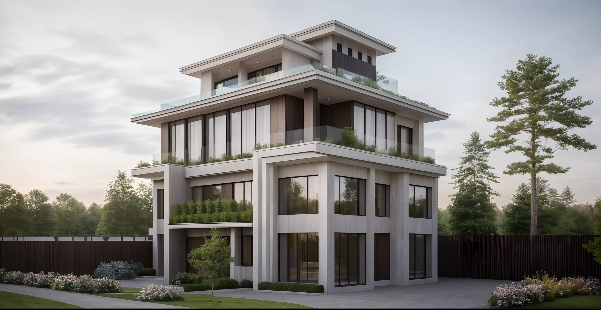 (masterpiece),(high quality), best quality, real,(realistic), super detailed, (full detail),(4k),8k,modern house exterior design,Modern architecture,Beautiful_sky,Day light, no_humans, outdoors,sky,tree,Garden flower front of building,