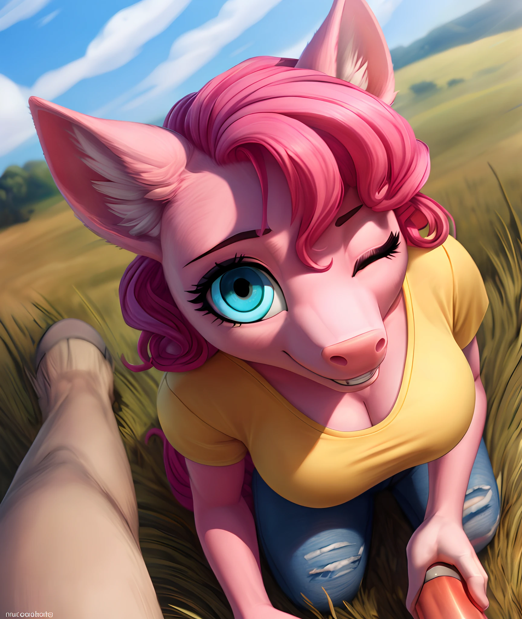 [pinky pie], [Uploaded to e621.net; (siden), (Pixelsketcher), (mayosplash), (wamudraws)], ((masterpiece)), ((HD)), ((high quality)), ((solo portrait)), ((POV)), ((furry; anthro)), ((detailed fur)), ((detailed shading)), ((beautiful render art)),  ((intricate details)), {anthro horse; (slim female figure), (pink fur), (1 eye closed), (cute cyan eyes), (long eyelashes), horse snout, (curly hot-pink hair), (curly hot-pink tail), (medium boobs), (cute smile), (white teeth)}, {(yellow tee shirt), (cleavage), (denim short shorts)}, {(handjob), (on knees), (hands on viewer's penis), (looking up at viewer)}, [background; (grass plains), (clouds), (blue sky), (sun rays), (beige pants in background)]