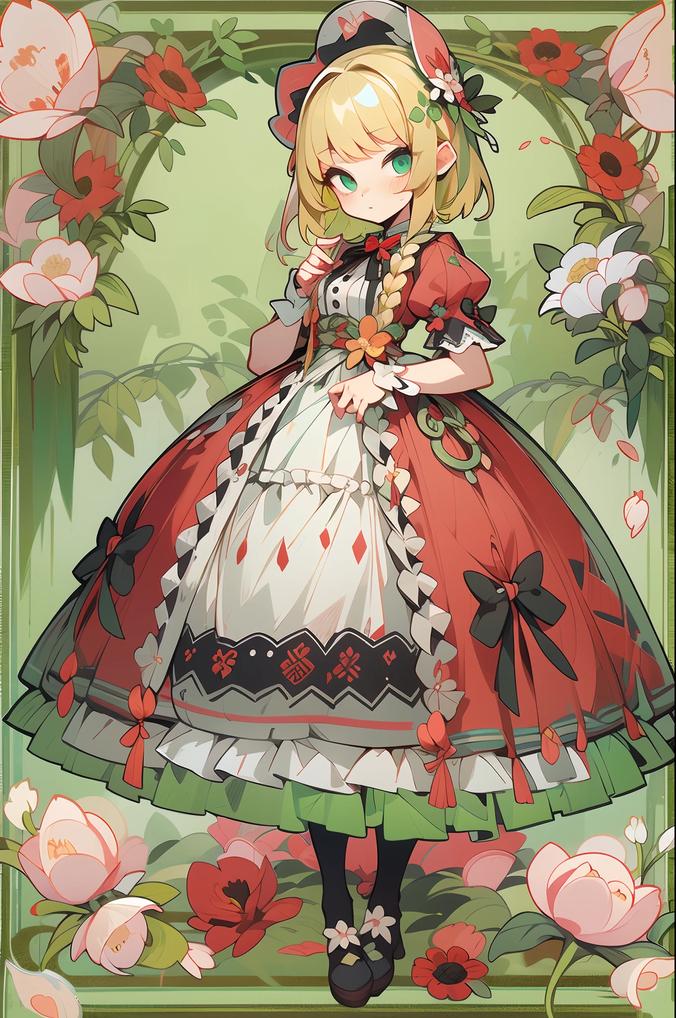 (1 Gothic Lolita), (standing full-body), (Full body standing painting), 1 Princess，(standing full-body)，独奏, BJD dolls, Blush, long  skirt，character  design, fanciful, alice in the wonderland, Gothic Lolita red dress, Green high socks, White flowers, ((red colour)), Blonde hair, Short hair, Double up braid, tmasterpiece, top Quority，best qualtiy，超高分辨率，Exquisite facial features,