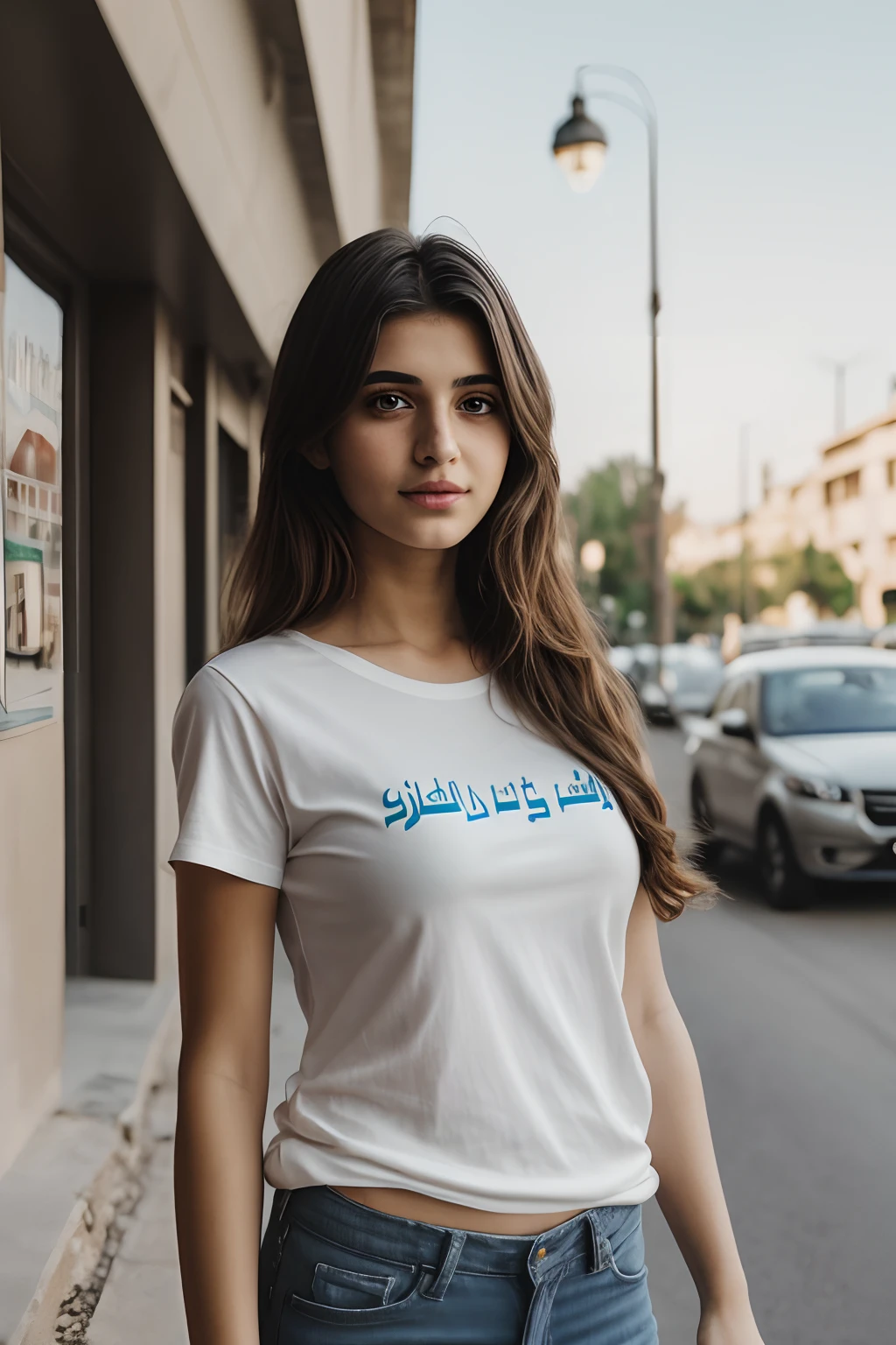 (detailed face, detailed eyes, Iraqi mature girl:1.1), (Realistic, best quality, 4k, HDR, Highly detailed:1.2), Iraqi girl, beautiful, attractive, wearing sky blue round neck baggy tee-shirt with baggy low waist jeans open legs, traffic behind and buildings and lights, wet road, she's holding a hand bag, funky style, short wavy black hairs, large breasts, beautiful mature Iraqi girl, plain Teeshirt, no print on Teeshirt, lose Teeshirt.