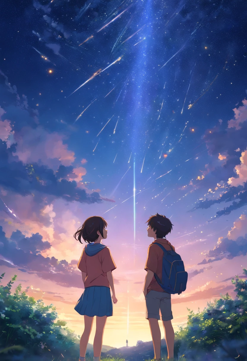 Anime-style girl and boy looking at the starry sky Two people、Lots of shooting stars