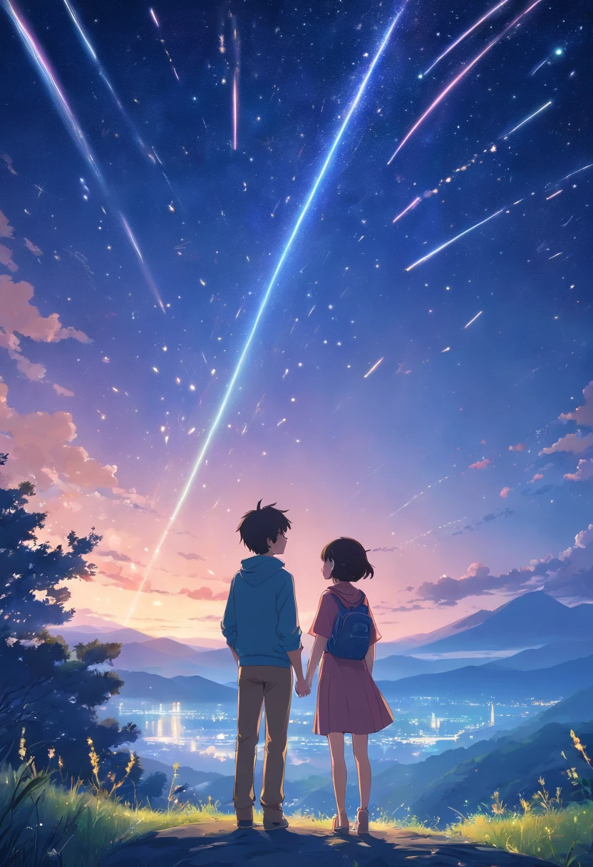 Anime-style girl and boy looking at the starry sky Two people、Lots of shooting stars