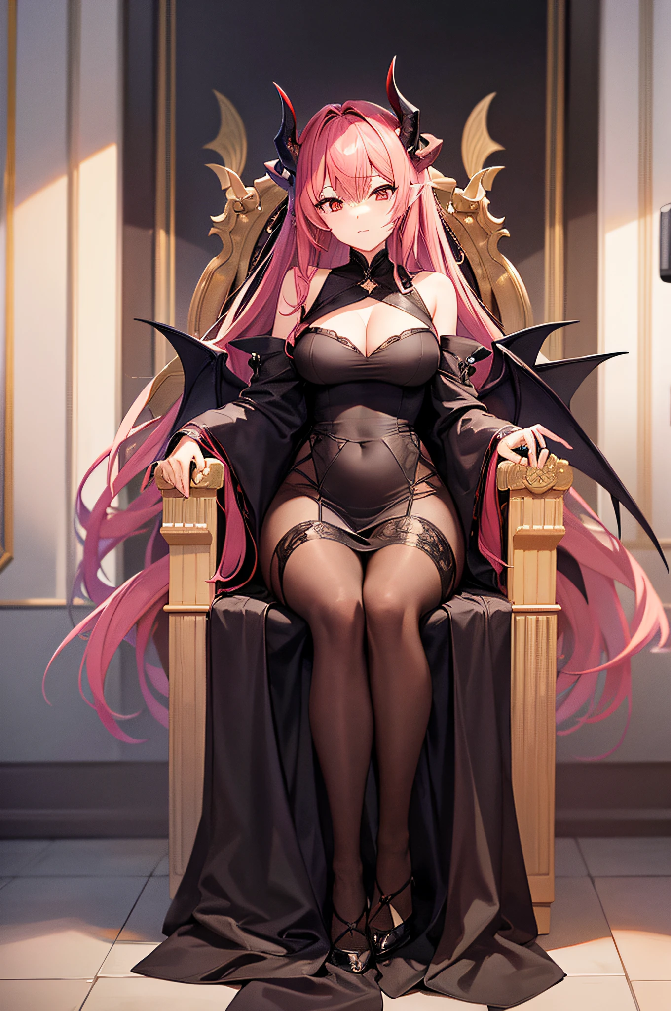 high-level image quality、Japanese anime,Beautiful little devil。Cool Beauty,Colossal ????、鎖骨、Beautiful body、Devil's Wings、demonic horns、Body-conscious long dress、slit、Lustrous skin、Beautiful facial features、long eyeslashes。in a luxurious room、The little devil sits in a luxurious chair and beckons the victim。vases