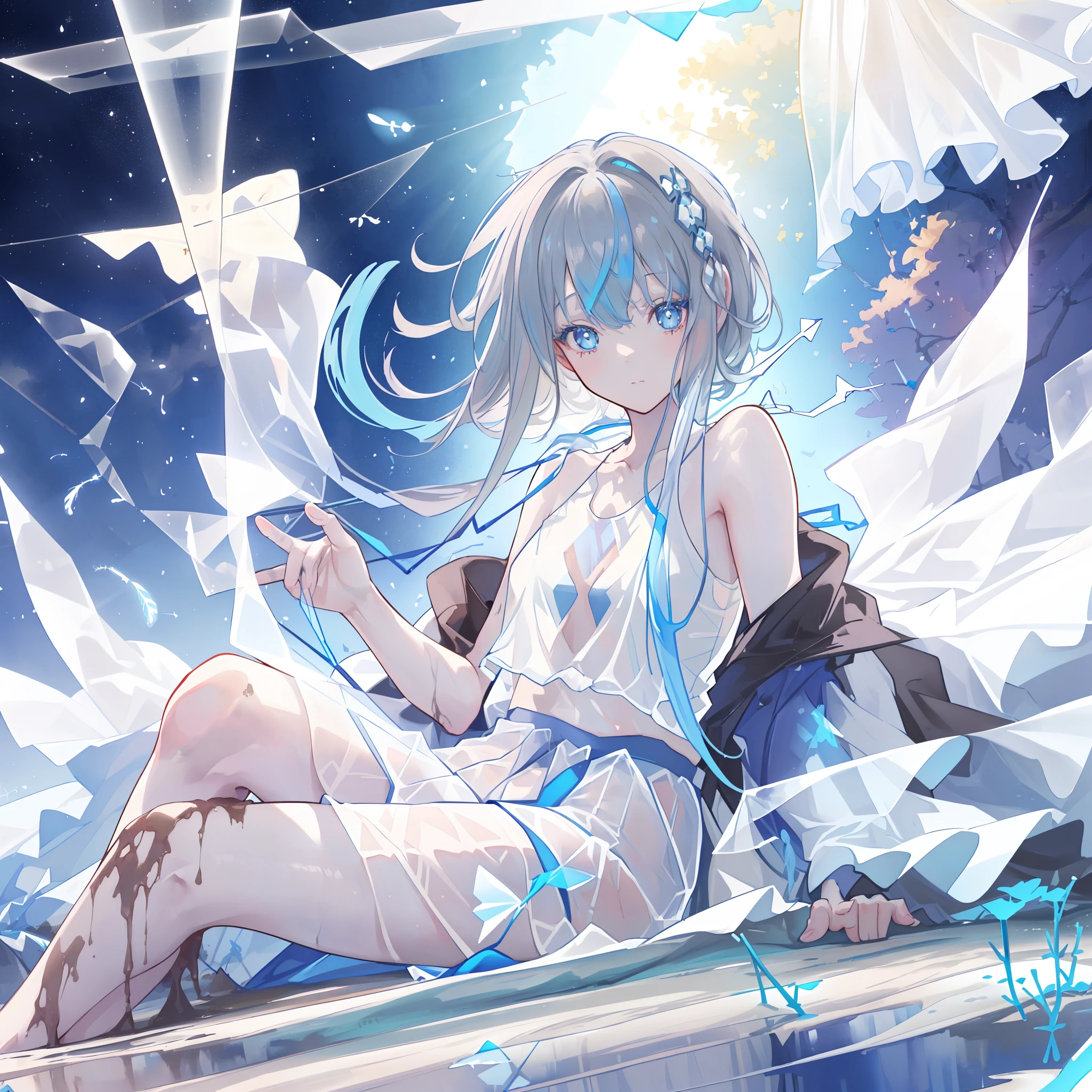 (((A close view: 1.4))) of an anime girl, (sitting on (((muddy river: 1.9))) ((entire body: 1.5)) covered in (mud and water: 1.7)), (((half naked))), (barefoot), cinematic light, slim body with curves, skin is perfectly white, soft, and smooth, ((no nsfw)), Extremely delicate and beautiful CG illustration, best quality, high resolution, dynamic angle, full-length lens, (1 girl), floating, soft light, high-key lighting), glowing light, blue halo, feathers fluttering background, blue crystal, ((((wearing nothing but a white (transparent) tank top: 1.8))))