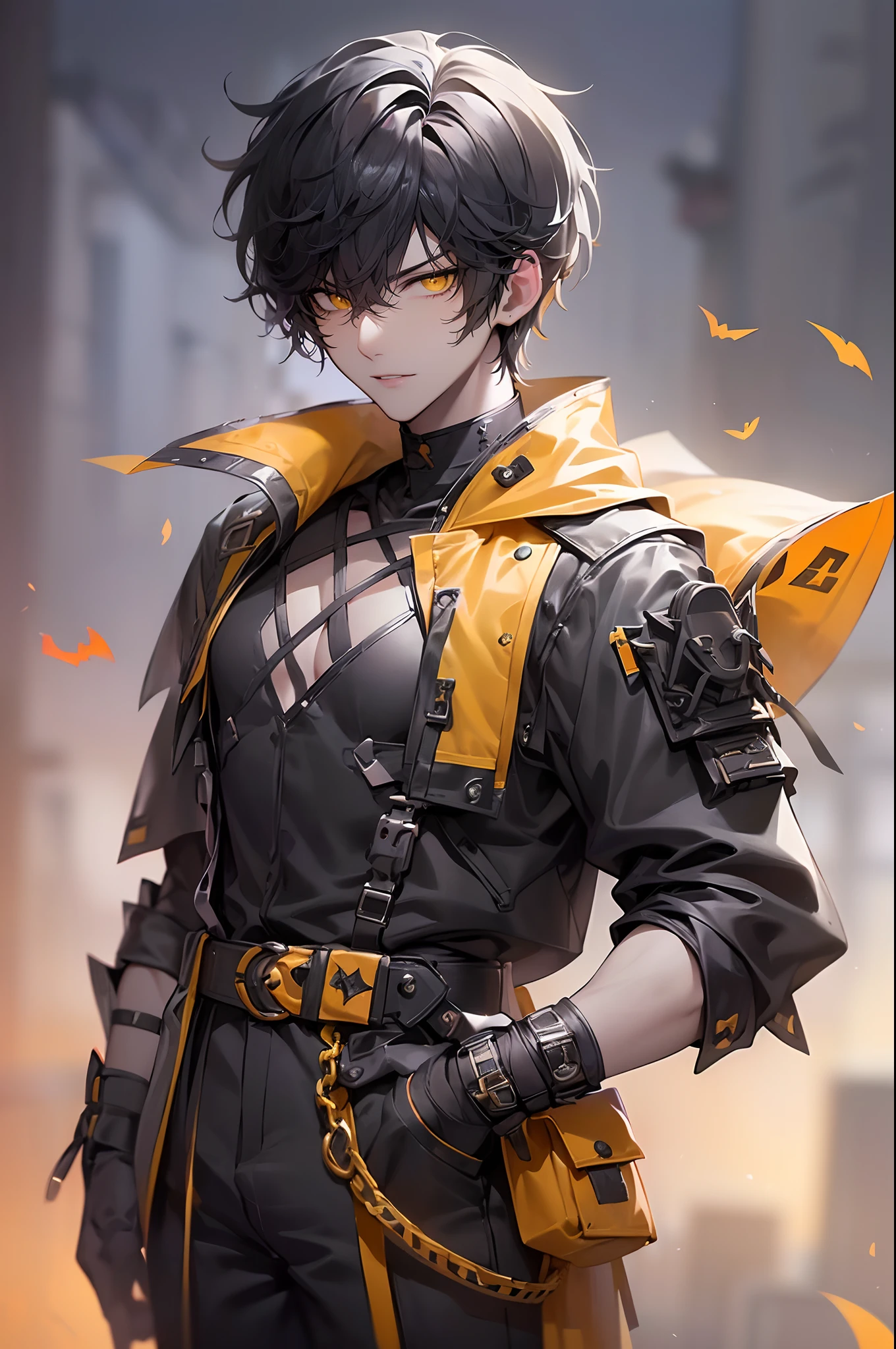 1boy,mature male,yellow hair,short hair,spiky hair,yellow eyes,pointy ears,serious,no shirt,black shorts,black scarf,(((standing on a road in city at night,night sky))),cowboy shot,((yellow sparks across the body, yellow rays across the body, electric body))
