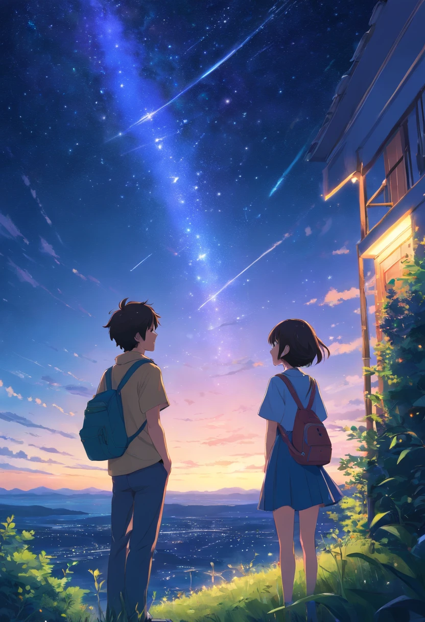 Anime-style boy and girl looking at the starry sky