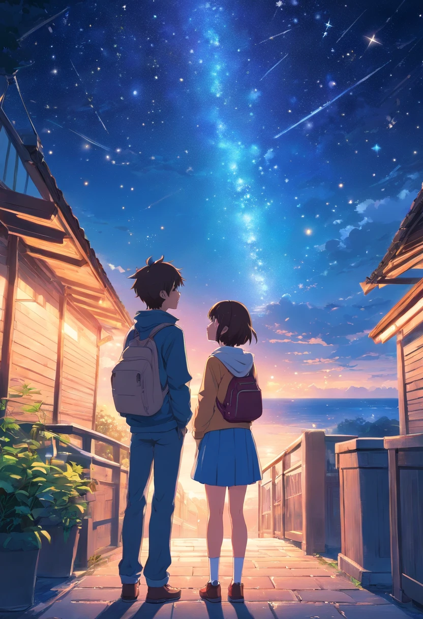 Anime-style boy and girl looking at the starry sky