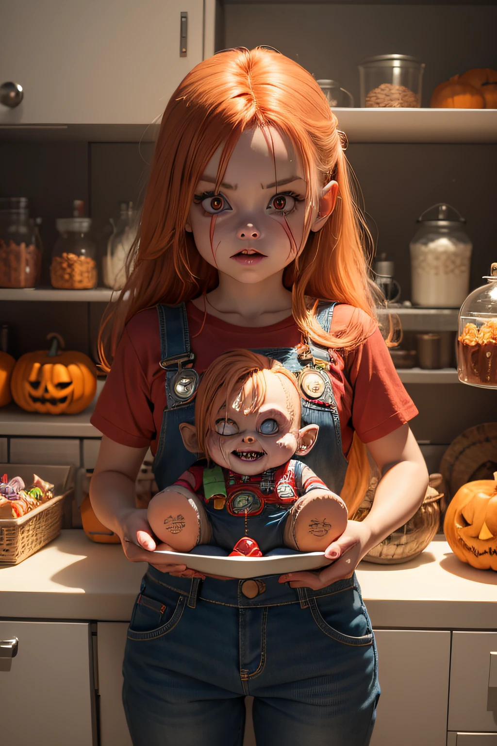 A representation of Chucky the doll from horror films, who sells candy for Halloween