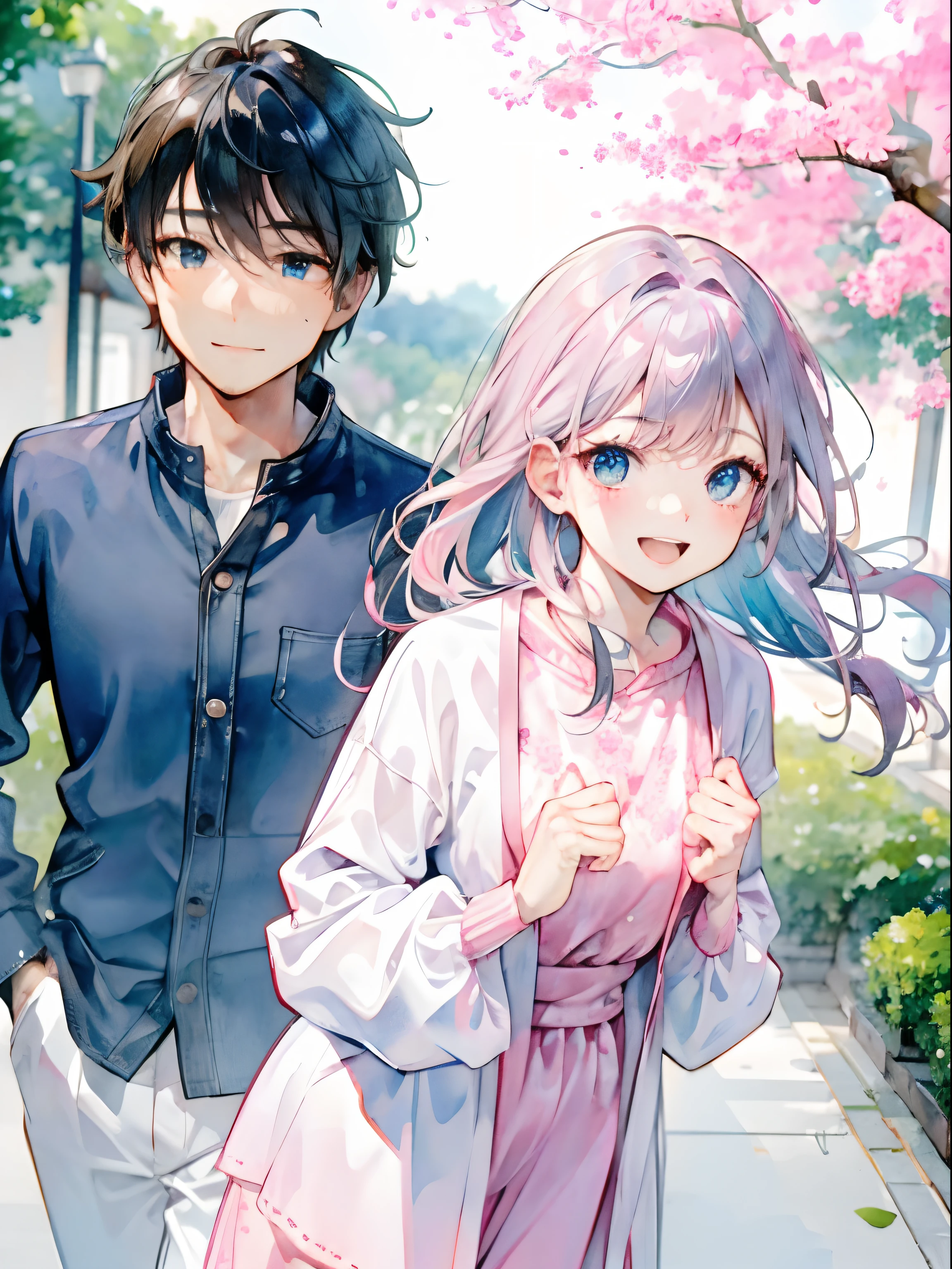 couple, (1man, 1woman), casual cloth, cute couple, happy smile face, romantic atmosphere, looking each other, having fun, running, pink, blue, close up, detailed face, dreamy eyes, soft light, romance, novel cover, webtoon, anime style, watercolor, by makoto sinkai, modern era, good proportion, symmetry, (HD, 4K, high resolution, masterpiece, absurdres)