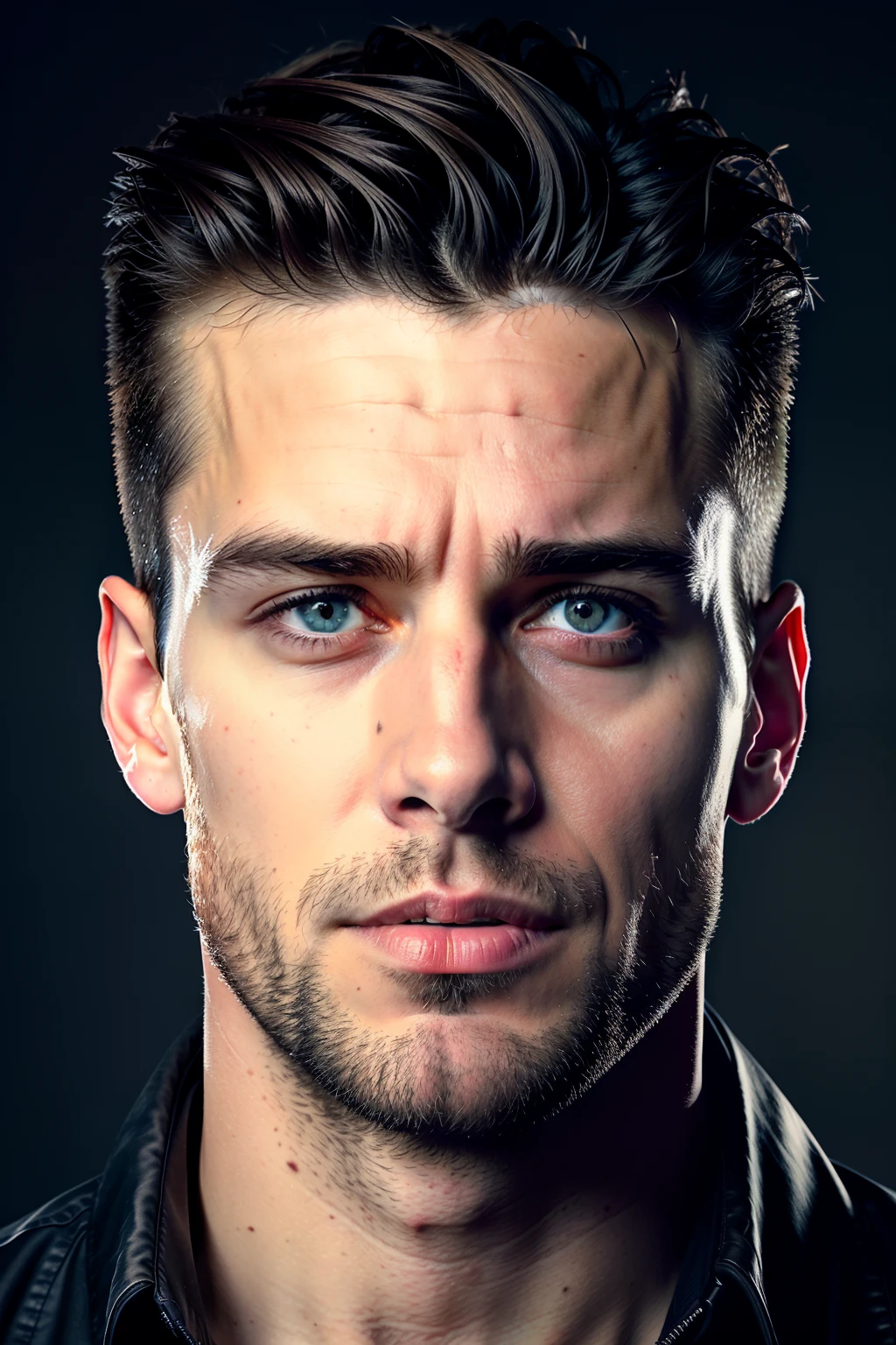 a prof photo of a confident northern 32yo man looking sideways with gentle head tilt, quiff, enhanced brutality, dark theme, soothing tones, muted colors, (excessively defined variated skin texture, hyperrealistic, diffused light), clustered, authentic neck, (normal exposure:1.4), upvoted