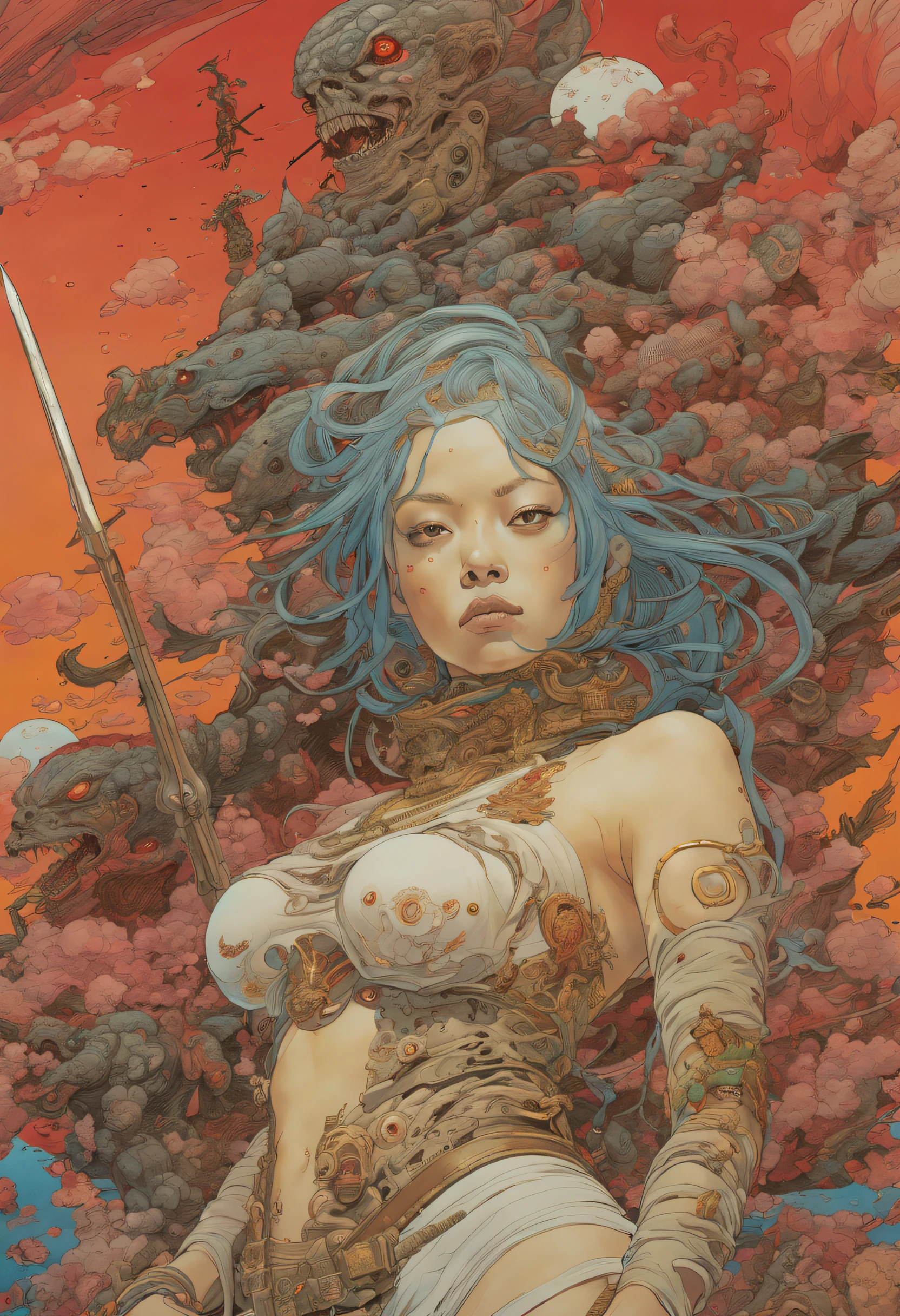 The artwork:Katsuya Terada
8k, hard disk, A masterpiece of intricate and meticulous precision, Billie Eilish in a sexy braless top, Pantiho, tights, Lots of giant god soldiers, Glowing red eyes, long limbs, Holding a spear in his hand, organic shape, hard edge, Anatomically correct body, Hyper realistic, Cinematic lighting, Highly detailed, intense colors, winning artwork, Sparkling rich colors, iridescent accents, Dramatic shadows,Dynamic and atmospheric lighting, Anamorphic Lenses, Sharp Focus,
A complex and high-definition masterpiece by Katsuya Terada, in style of katsuya terada