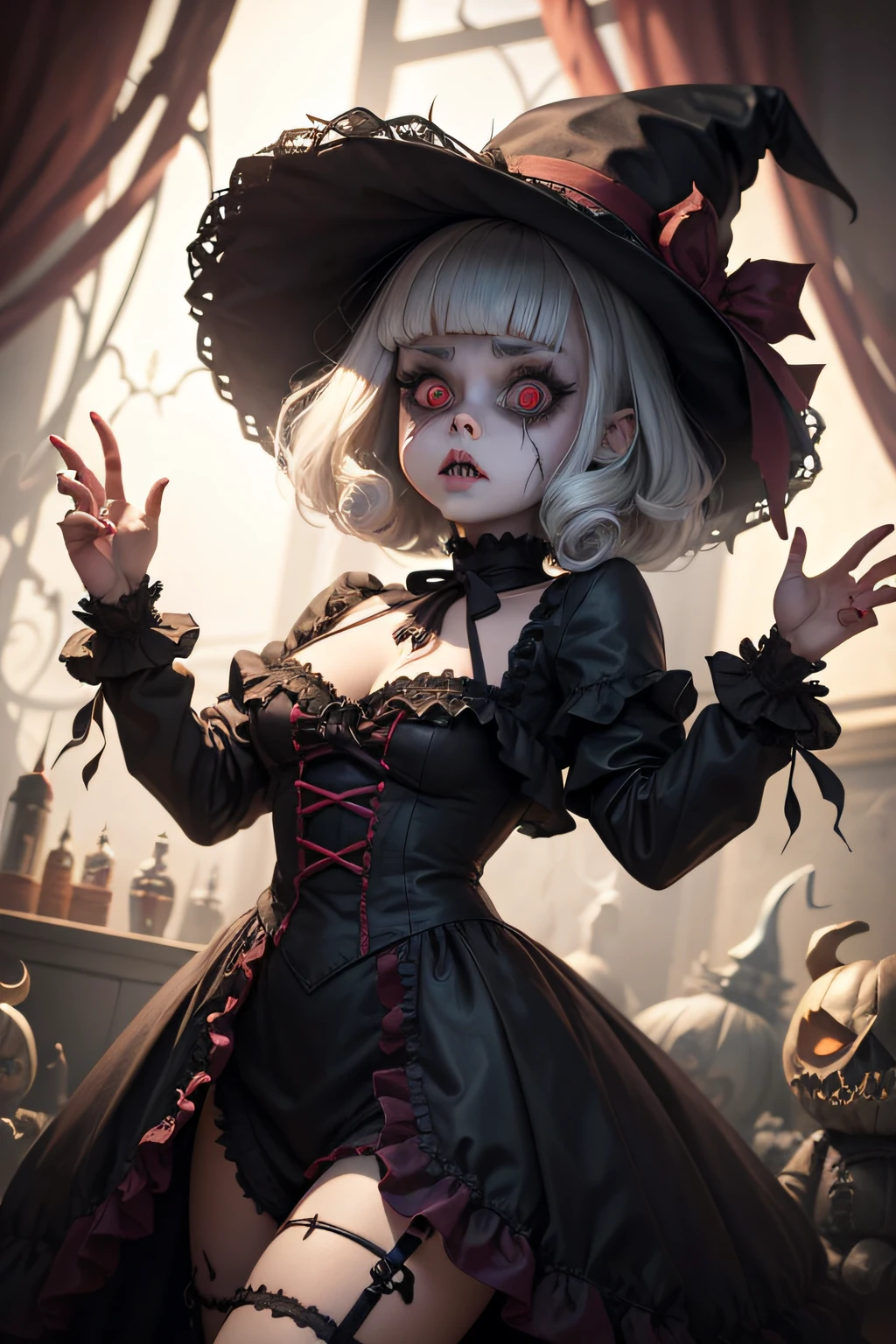 whole body, absurdres, RAW photo, extremely delicate and beautiful, masterpiece, Best Quality, ultra high resolution, 32k, hyperrealistic, ultra-detailed, detailed description, pale skin, 20 years old, detailed beautiful face and eyes, tearful mole, earring, Colossal tits, short medium hair, wavy hair, skirt, shirt, long sleeves, frills, shoes, creepy, skulls, candle, hair ornament, bone, doll, horror theme,