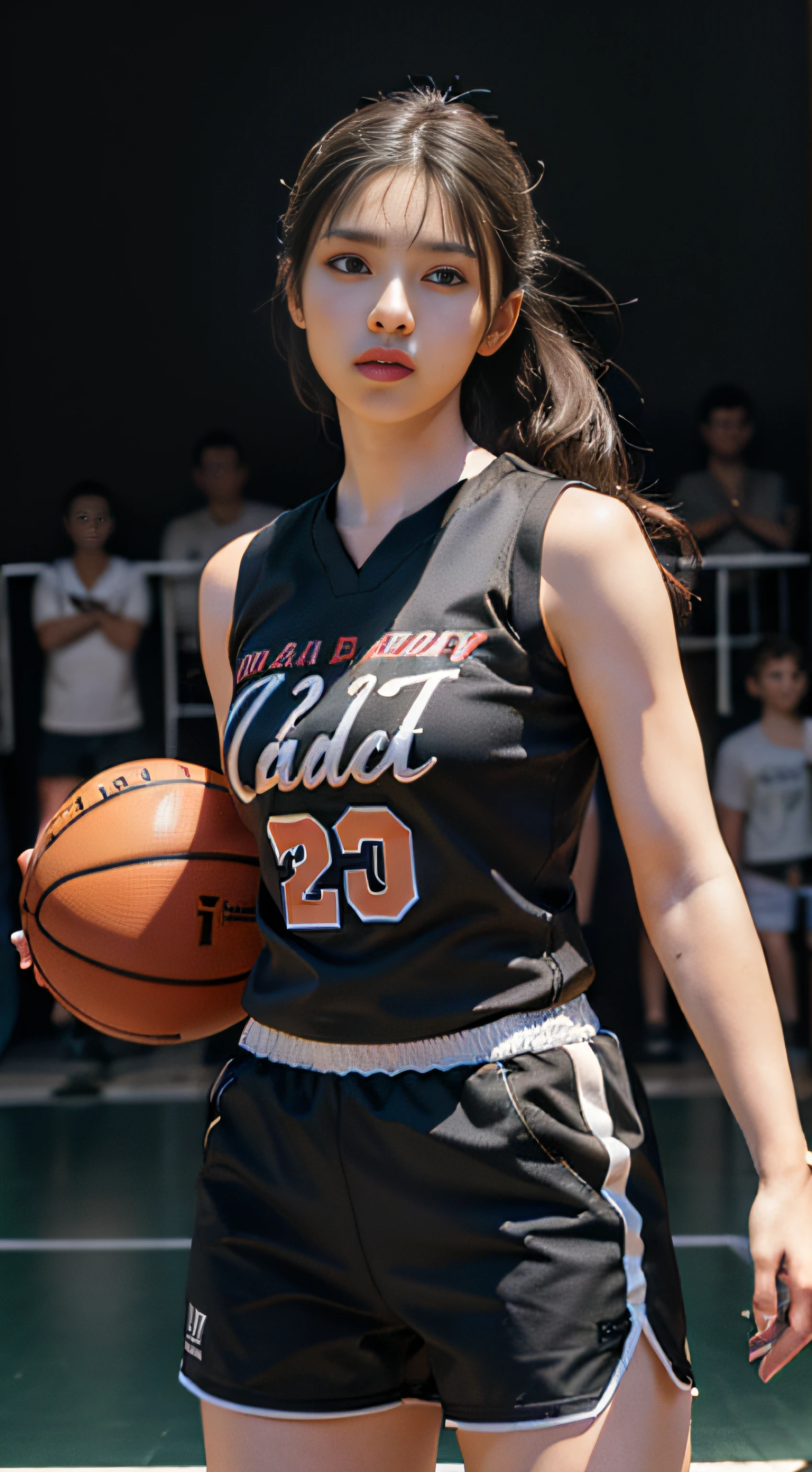 Best quality, (RAW photo: 1.2), (Masterpiece: 1.4), (Realistic: 1.4), (High resolution: 1.4), 1 girl, depth of field, basketball vest, basketball shorts, basketball court, sexy, intricate details, 8k, very detailed, perfect lighting, epic background, hand details