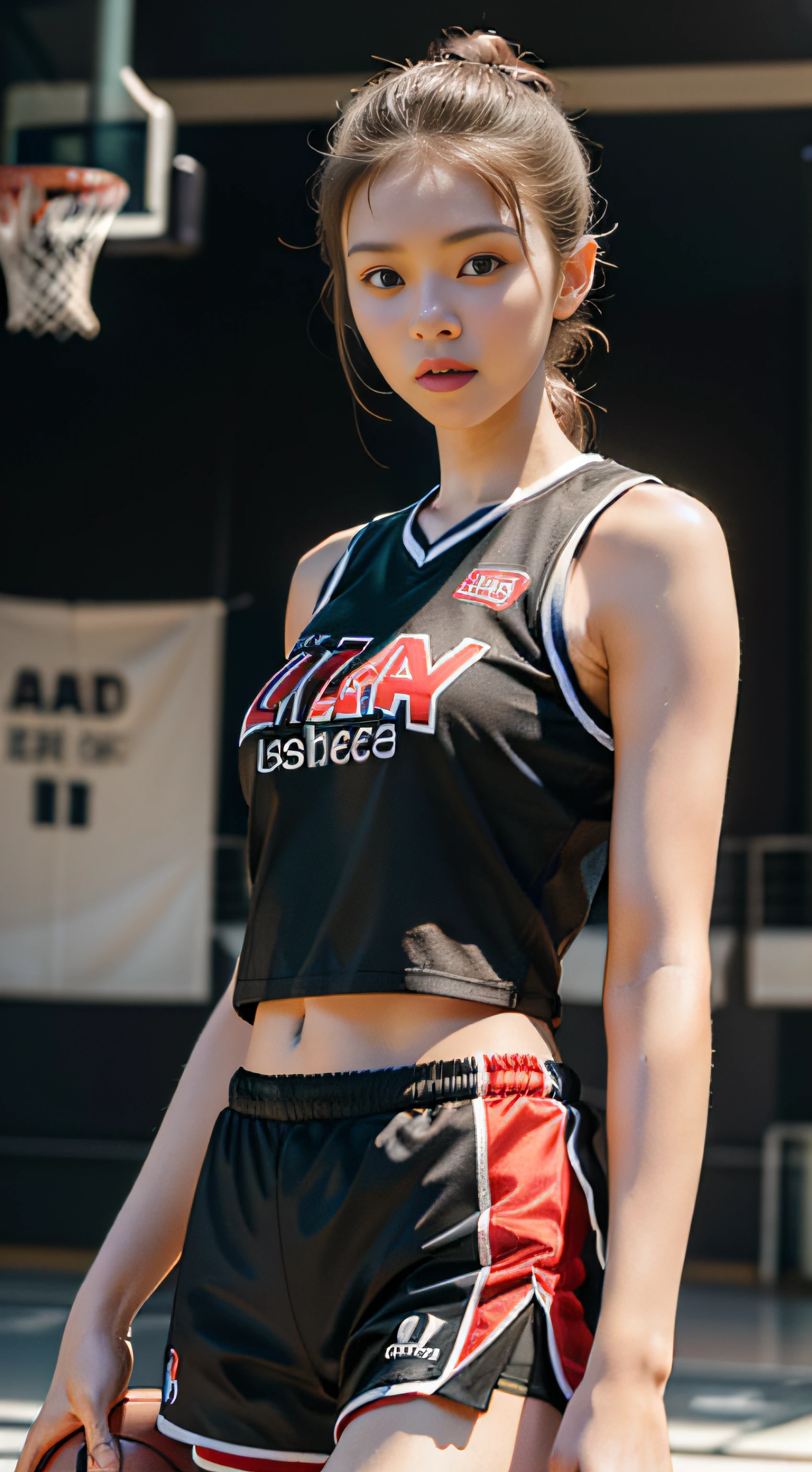 Best quality, (RAW photo: 1.2), (Masterpiece: 1.4), (Realistic: 1.4), (High resolution: 1.4), 1 girl, depth of field, basketball vest, basketball shorts, basketball court, sexy, intricate details, 8k, very detailed, perfect lighting, epic background, hand details