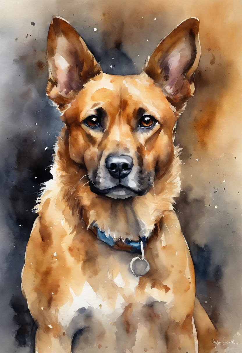 Create a realistic image of a caramel dog with a very short coat where its playful gaze is fixed straight ahead. The background is abstract with different shades of brown. The brown spots in the background blend smoothly with shades of yellow.