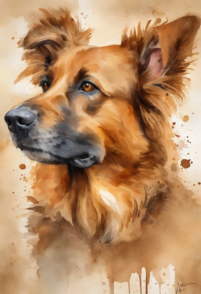 Create a realistic image of a caramel dog with a very short coat where its playful gaze is fixed straight ahead. The background is abstract with different shades of brown. The brown spots in the background blend smoothly with shades of yellow.