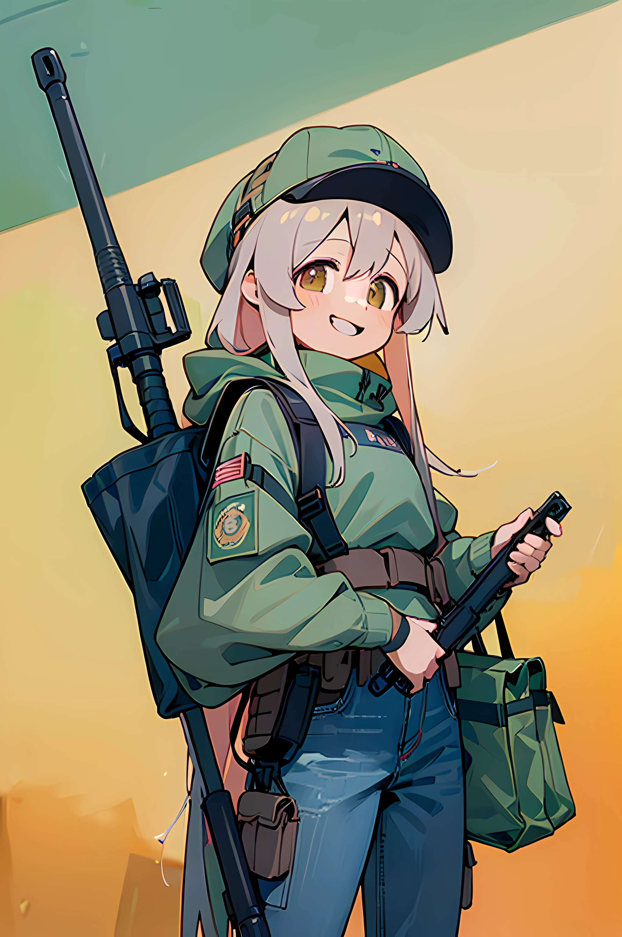 (8K Ultra High-Quality) (Masterpieces) (人物: Mahiro) 1 Girl, Solo, long hair, wearing desert tactical Jacket with desert armor vest and pouches, wearing blue Jean with gun holster, wearing green cap with US flag, wearing goggles, holding radio, carrying bag with Sniper, Happy expression, smile looking at viewer.