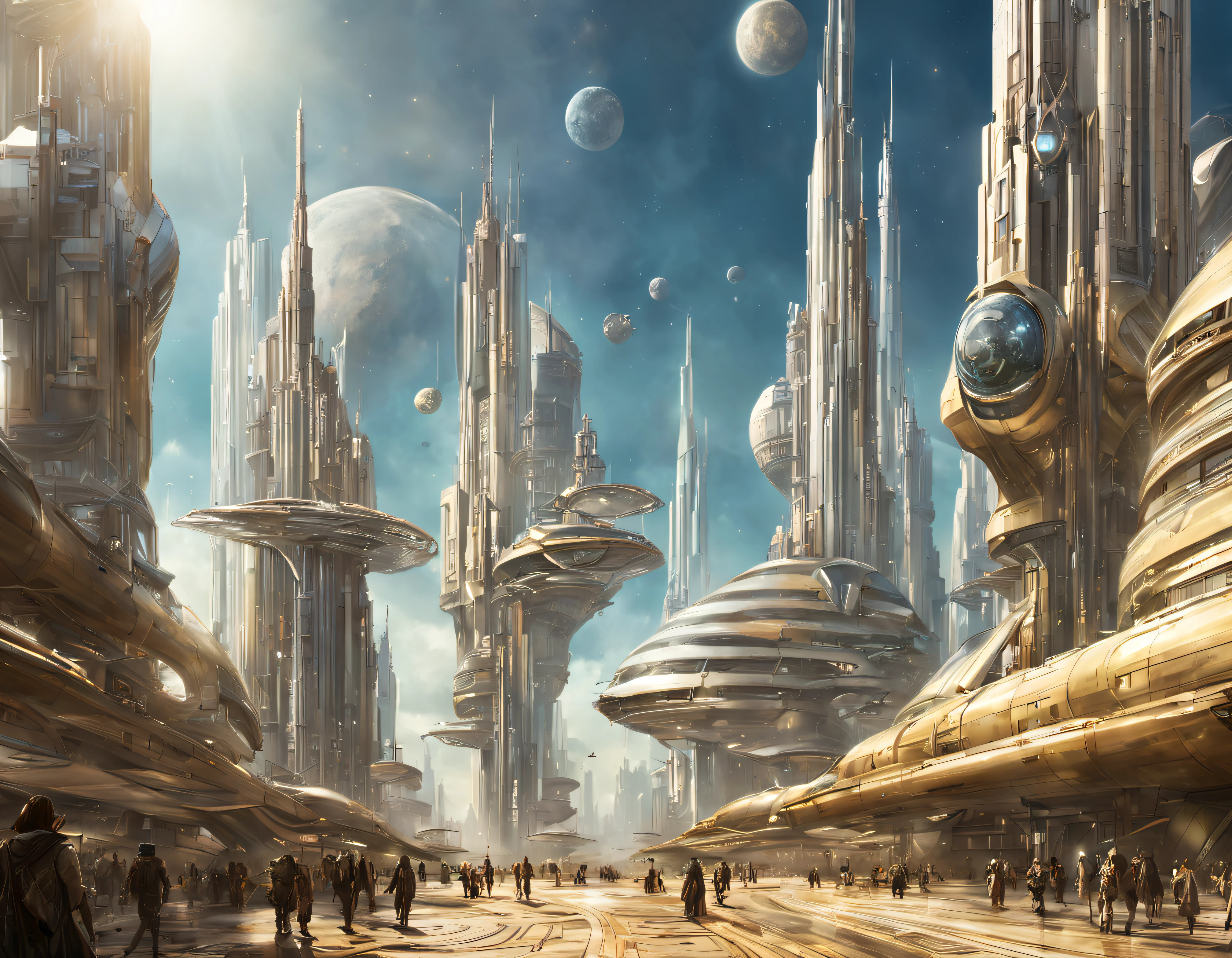 On an unknown planet lies a futuristic fantasy city with immense buildings of technological design (que forman una avenida infinita), con estructuras acristaladas en plata, oro y bronce espectaculares, (con colores vivos). pavimento ensolado (sin brillo). gente paseando. (similar a coruscant de star wars). imagen bien definida con muchos edificios juntos. imagen nitida bien definida 8k. los edificios llegan alta el fondo.,8